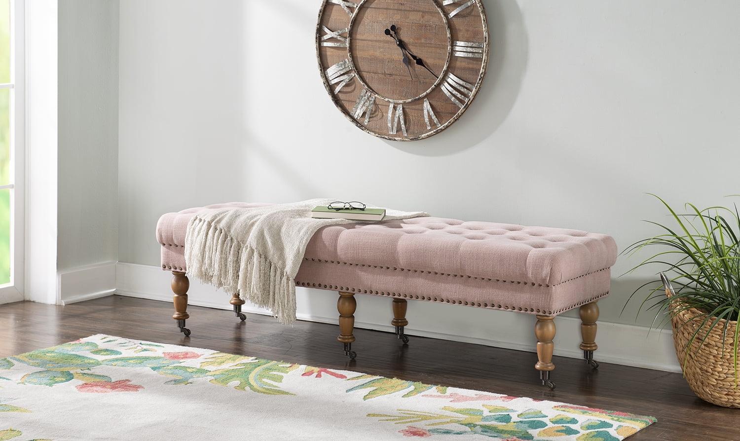 62" Isabelle Traditional Linen Tufted Upholstered Nailhead Wheeled Bench Pink - Linon: Elegant Ottoman, Bedroom Furniture