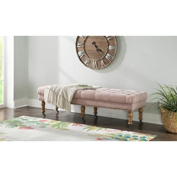 62" Isabelle Traditional Linen Tufted Upholstered Nailhead Wheeled Bench Pink - Linon: Elegant Ottoman, Bedroom Furniture