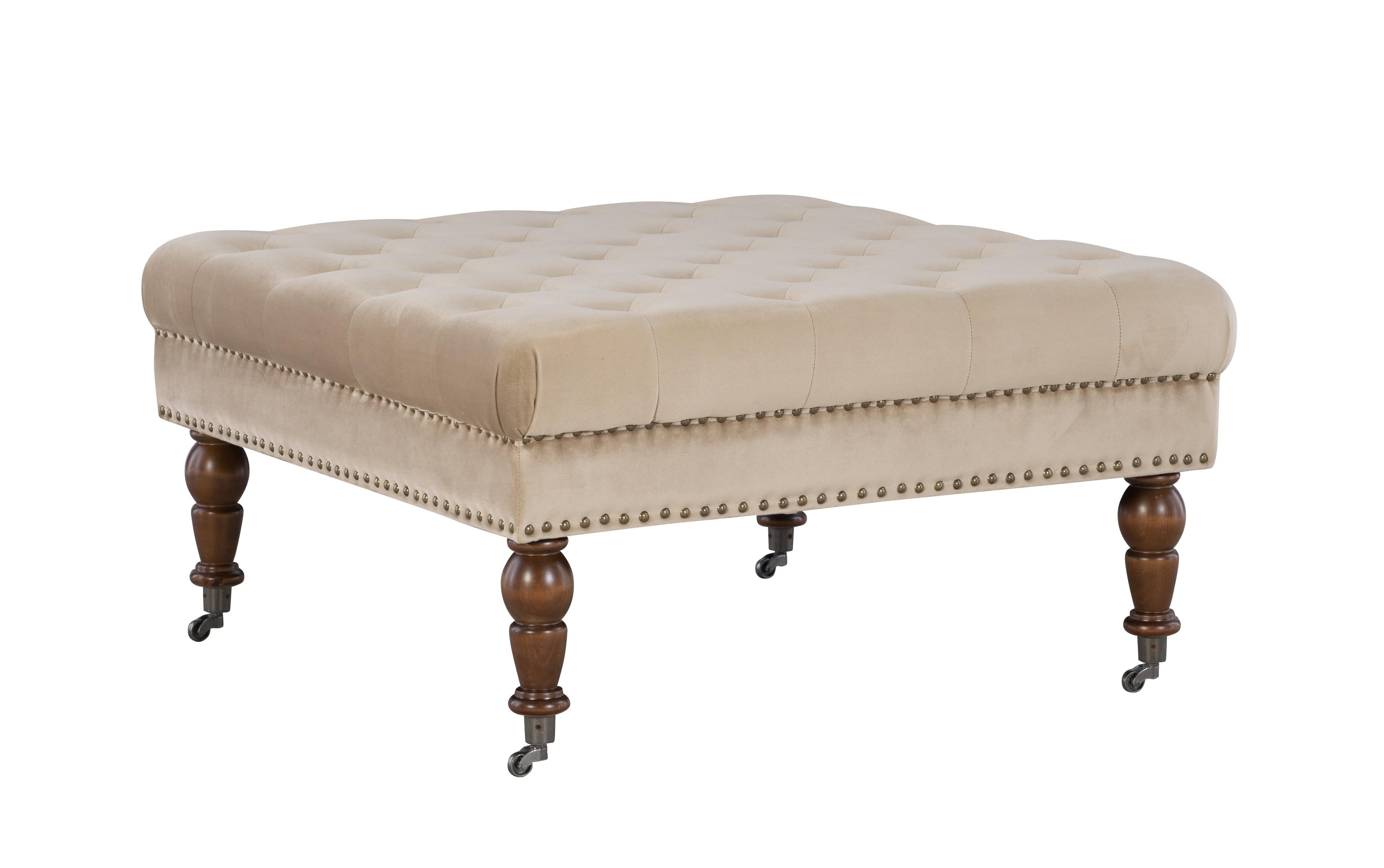 34.6" Isabelle Traditional Square Tufted Upholstered Wheeled Cocktail Ottoman Tan - Linon