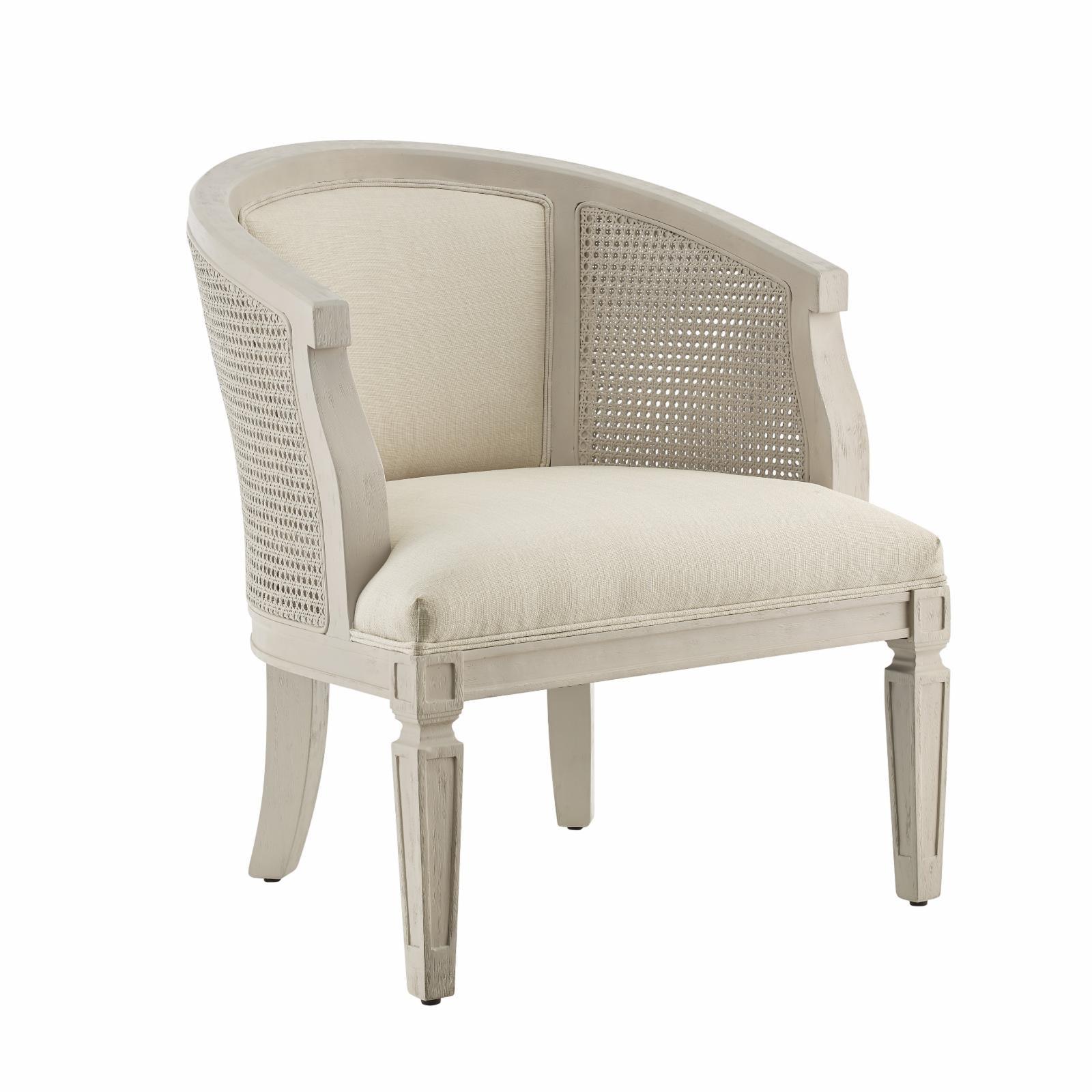 Whitewashed Birch Wood Barrel Accent Chair with Cane Weaving