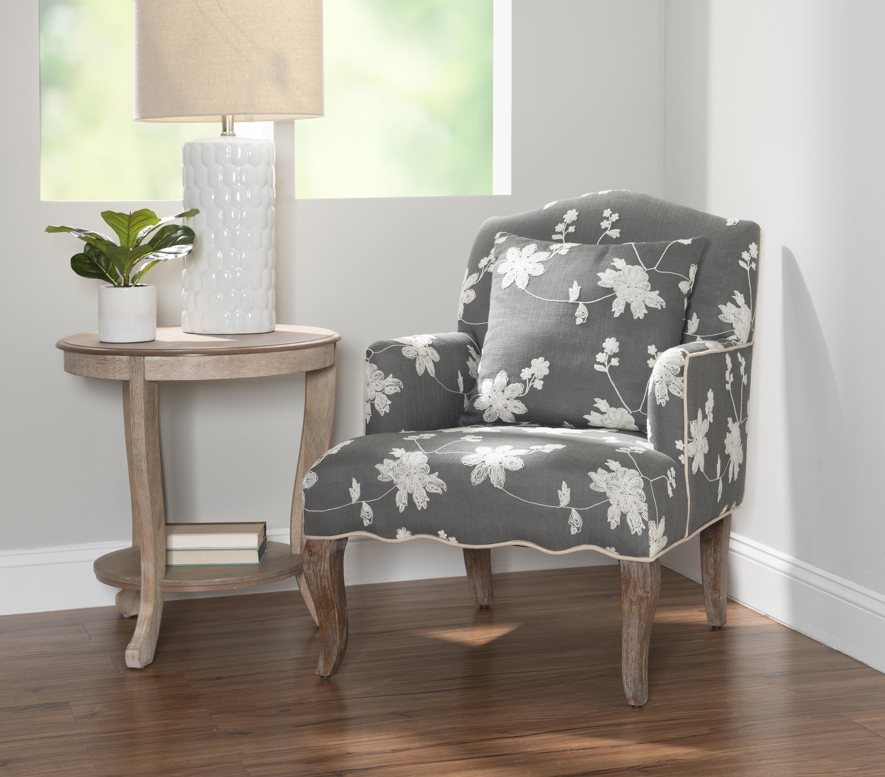 Gray Floral Embroidered Upholstered Arm Chair with Pillow