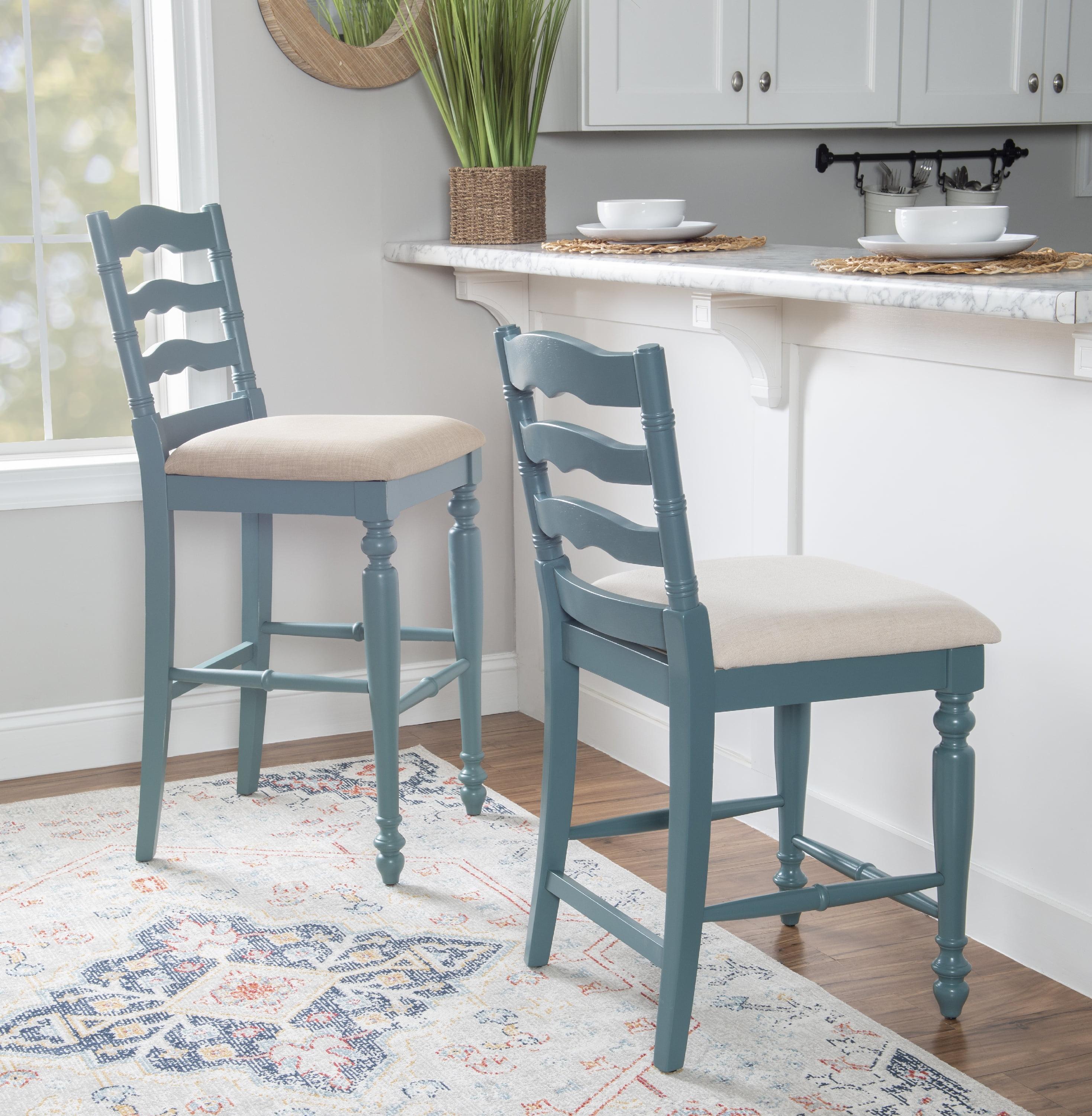 Elegant Antique Blue Wooden Barstool with Padded Seat