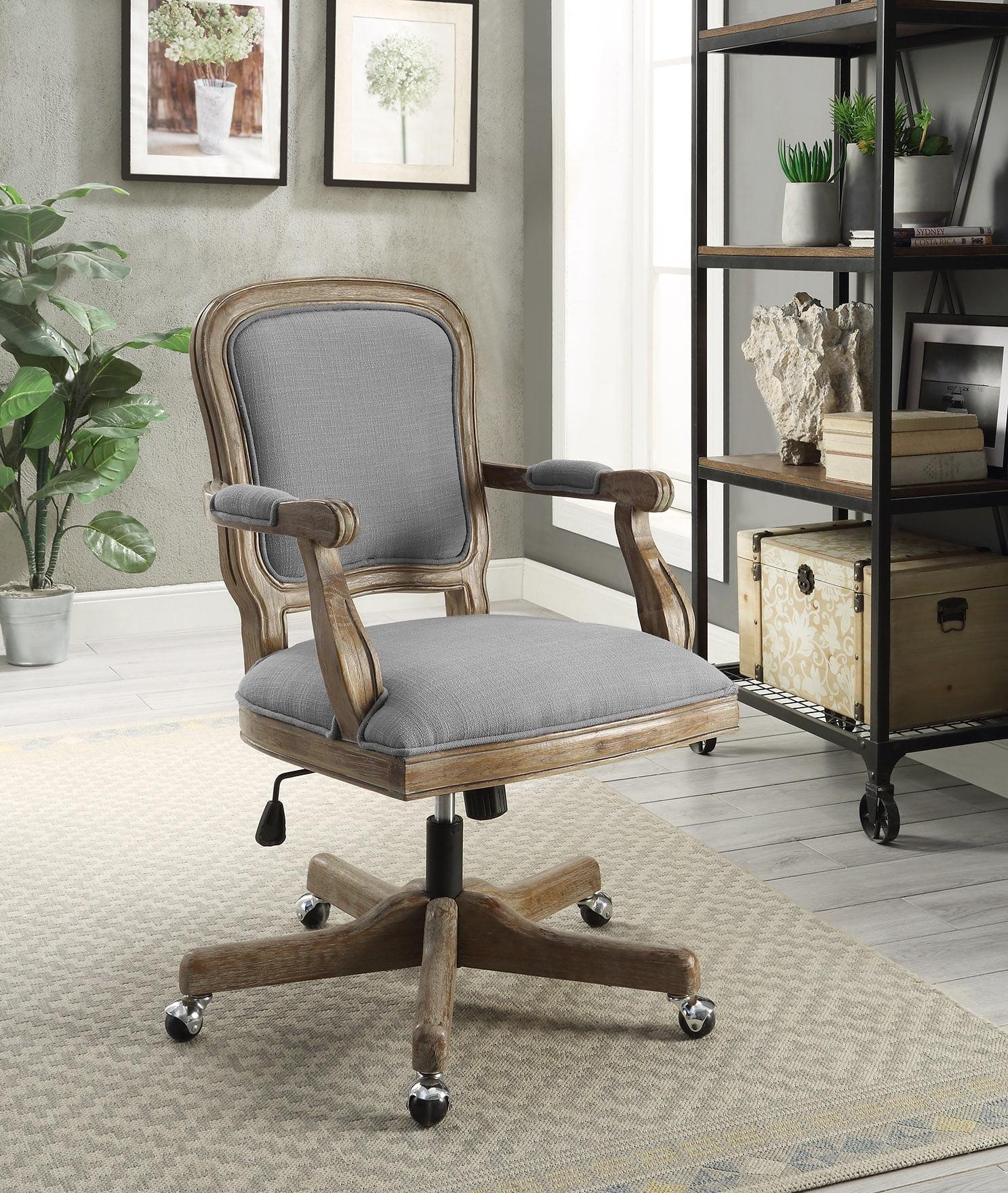 Rustic Gray Fabric Swivel Office Chair with Wood Accents