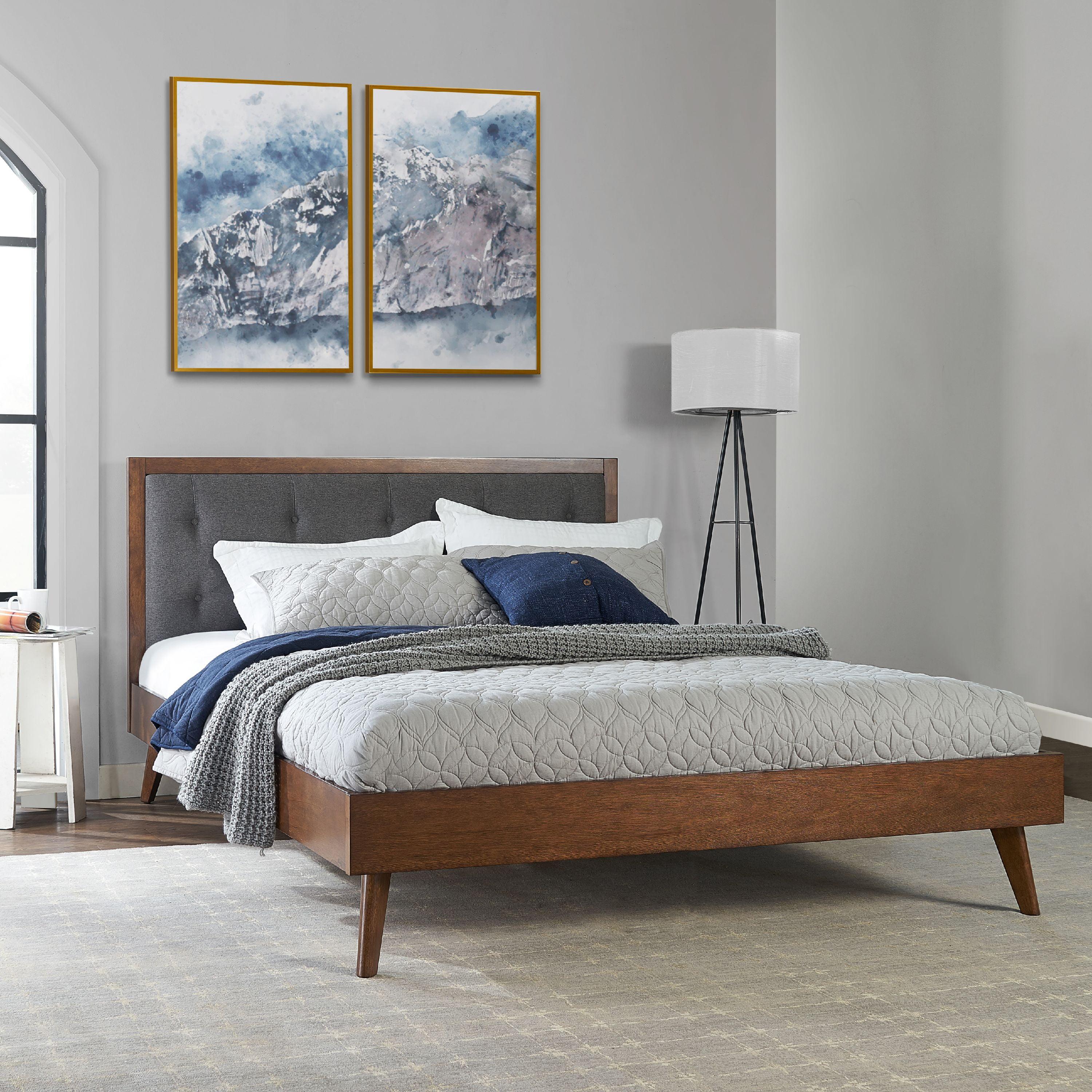 Elegant Walnut Queen Platform Bed with Tufted Gray Upholstery