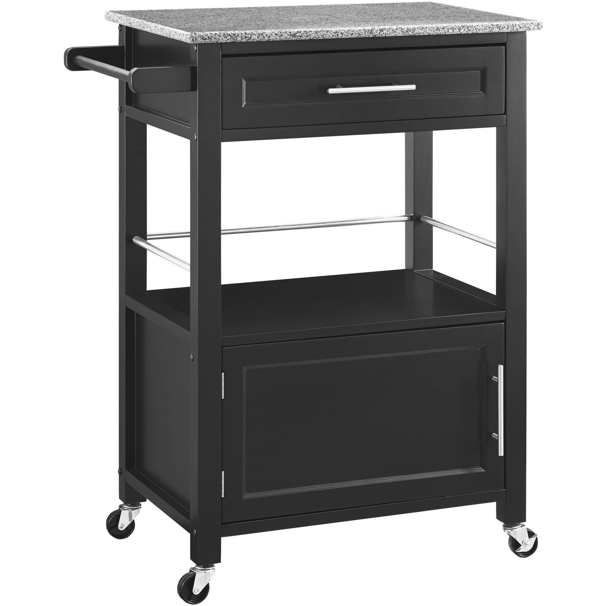 Black Granite Top Kitchen Cart with Ample Storage