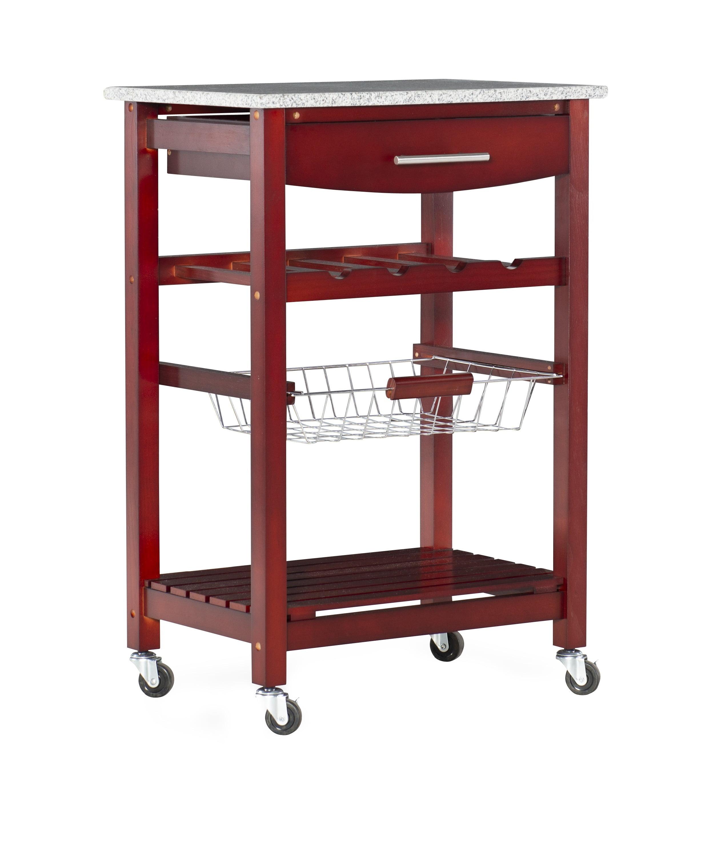 Small Red Pine Kitchen Cart with Granite Top and Wine Rack