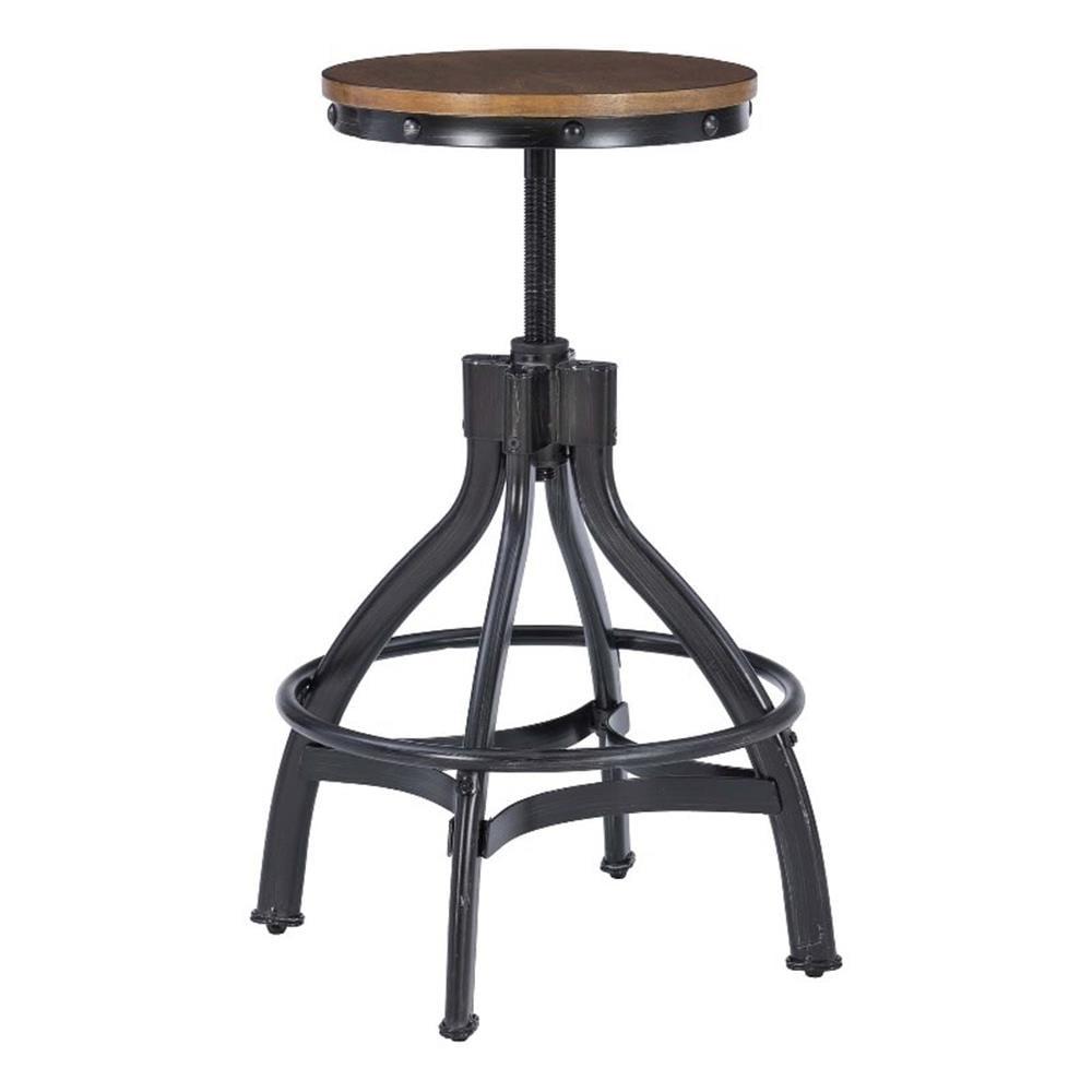 Adjustable Black Metal and Wood Swivel Bar Stool