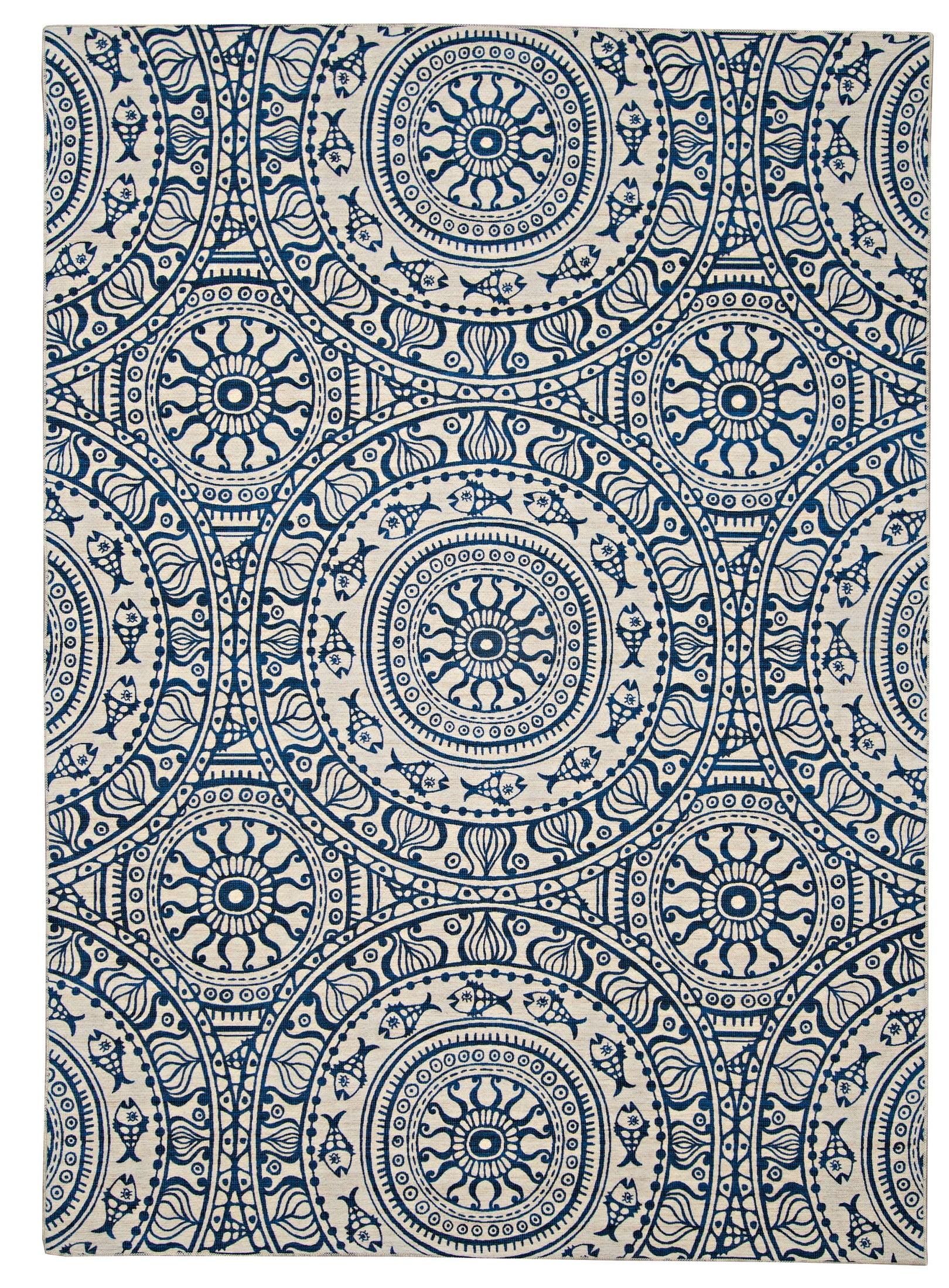 Blue and Smoke Rectangular Outdoor Washable Rug