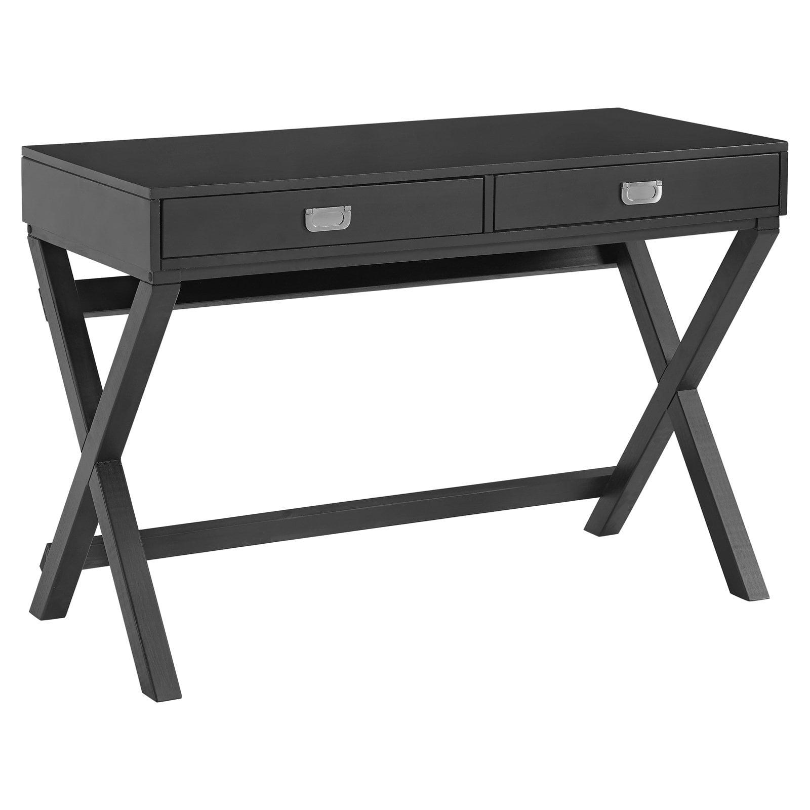 Sleek X-Framed Black Wood Writing Desk with Silver Hardware