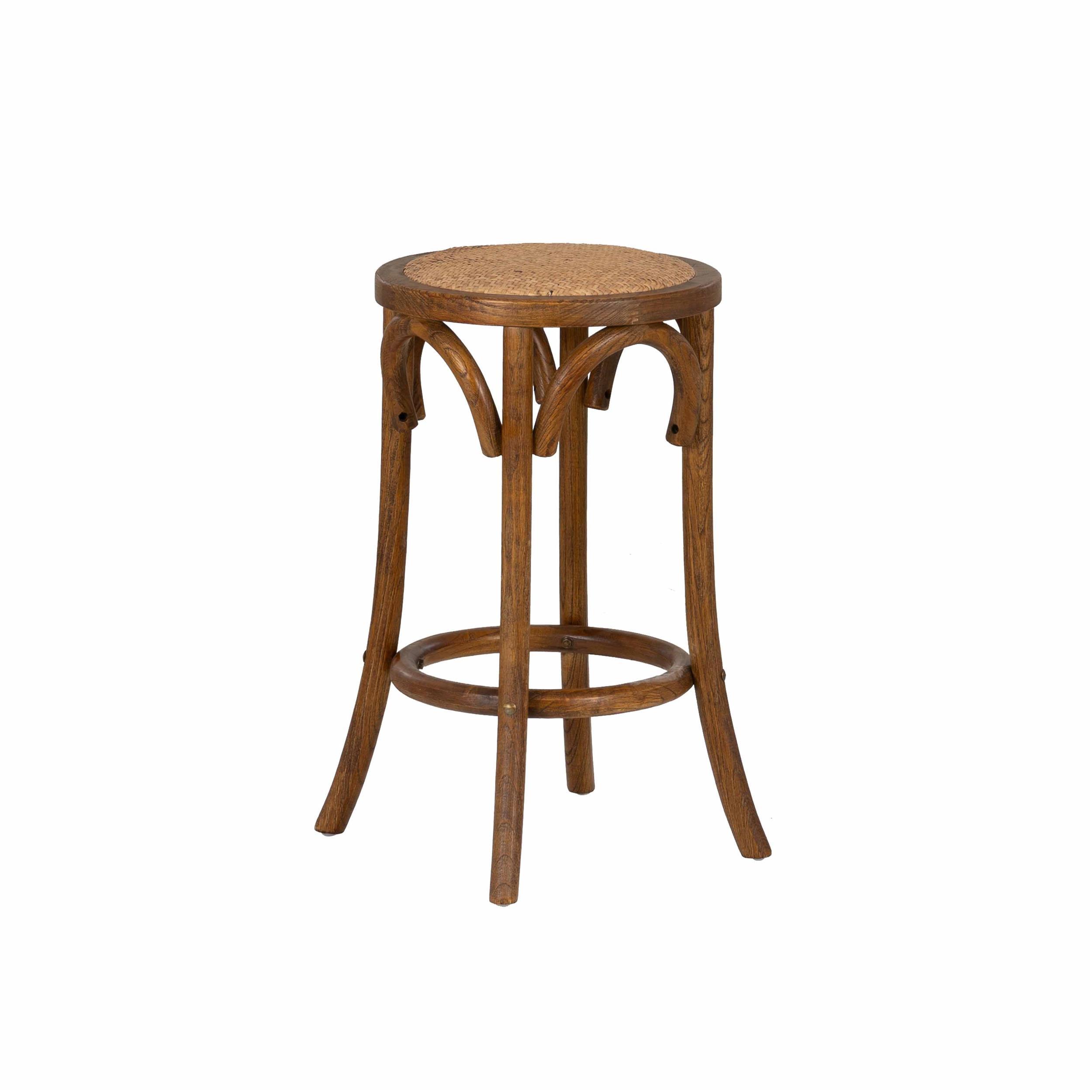 Ferrera Solid Elm Wood Cane Rattan Seat Backless Stool