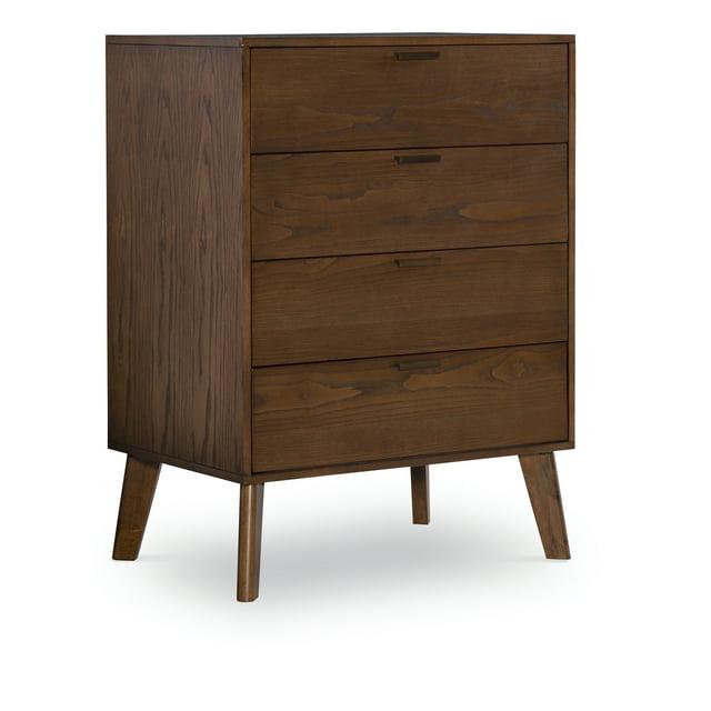 Linon Reid Mid-Century Modern 4 Drawer Wood Chest Dresser Walnut: Veneer Finish, Metal Hardware, Includes Anti-Tip Kit