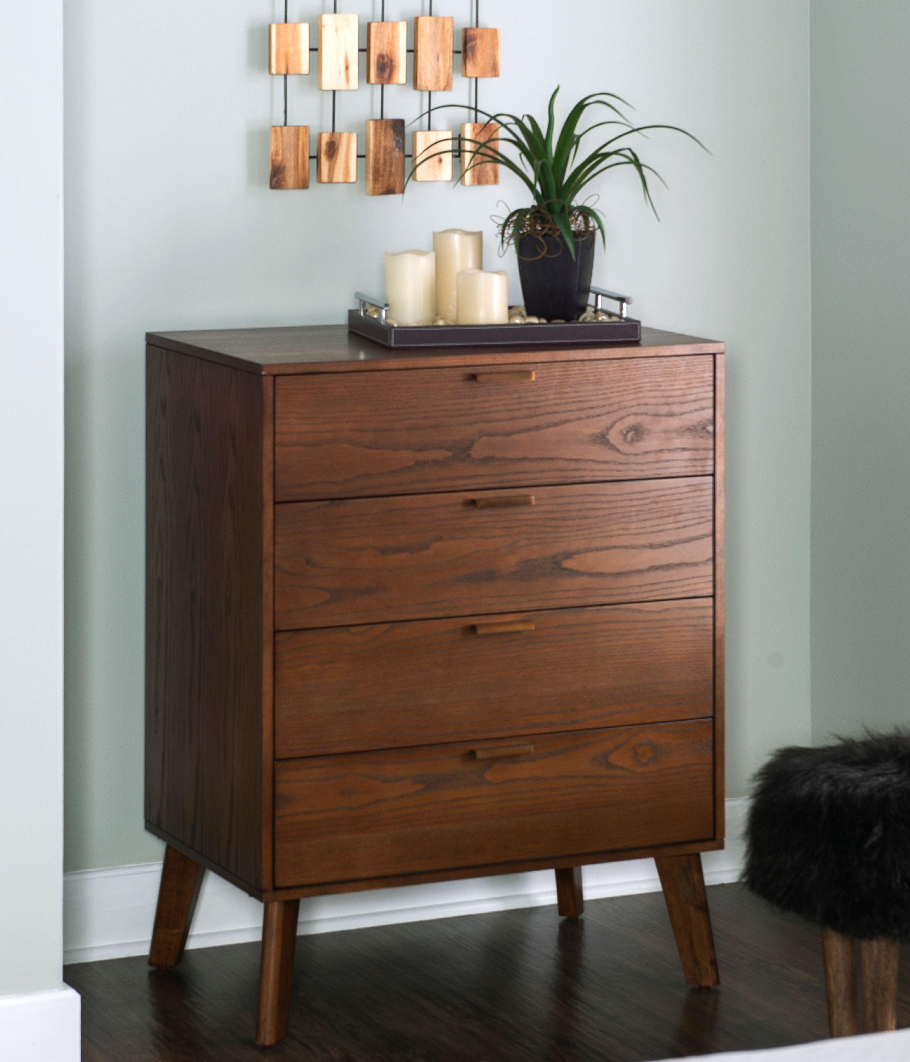 Reid Mid-Century Vertical 4-Drawer Walnut Chest with Bronze Hardware