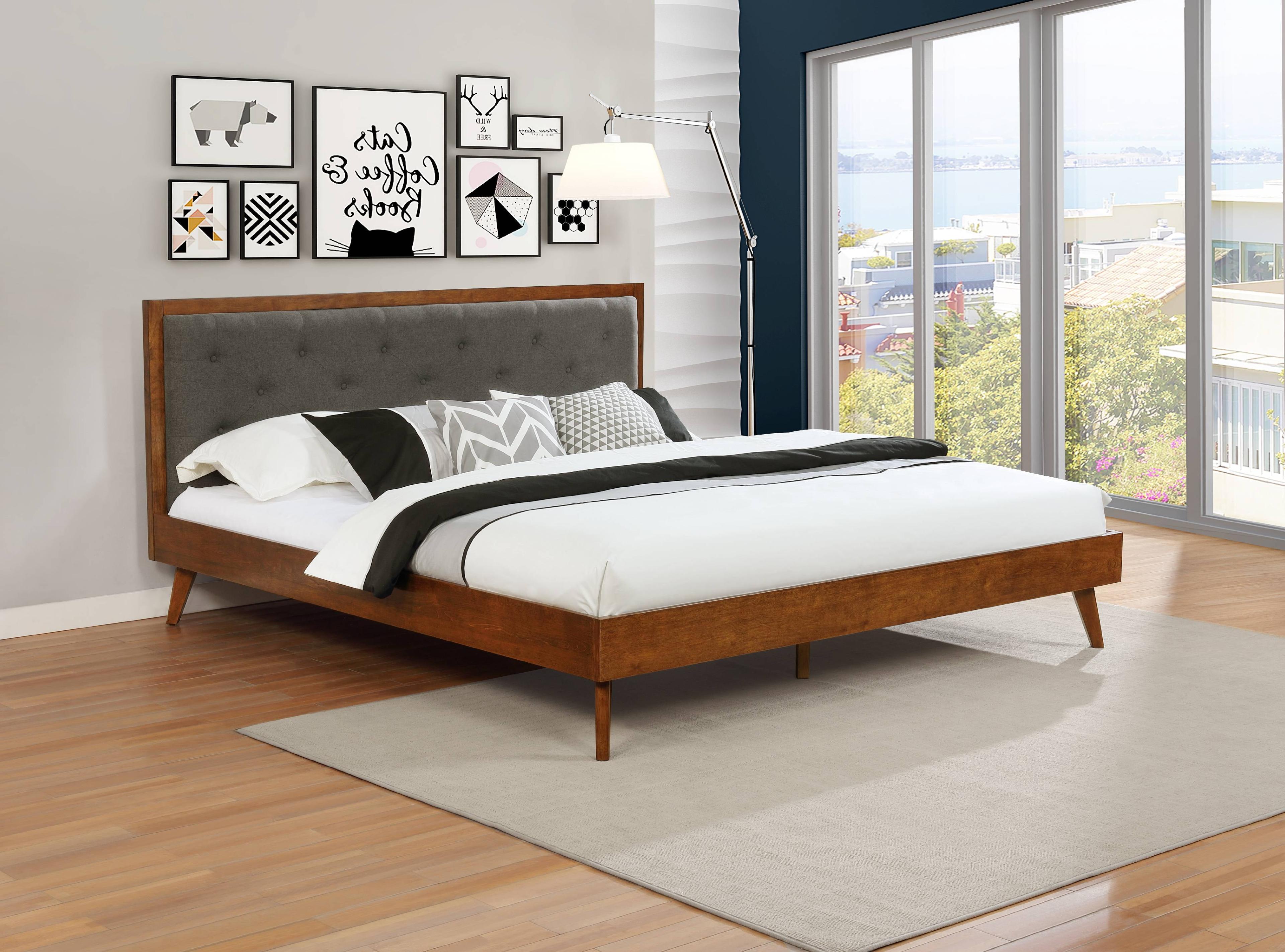 Mid-Century Modern King-Sized Gray Tufted Upholstered Bed with Wood Frame