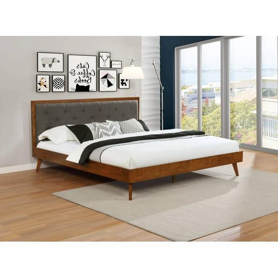 King Reid Mid-Century Platform Bed in Walnut Finish with Tufted Headboard in Gray Fabric - Linon: Upholstered Polyester, No Box Spring Needed