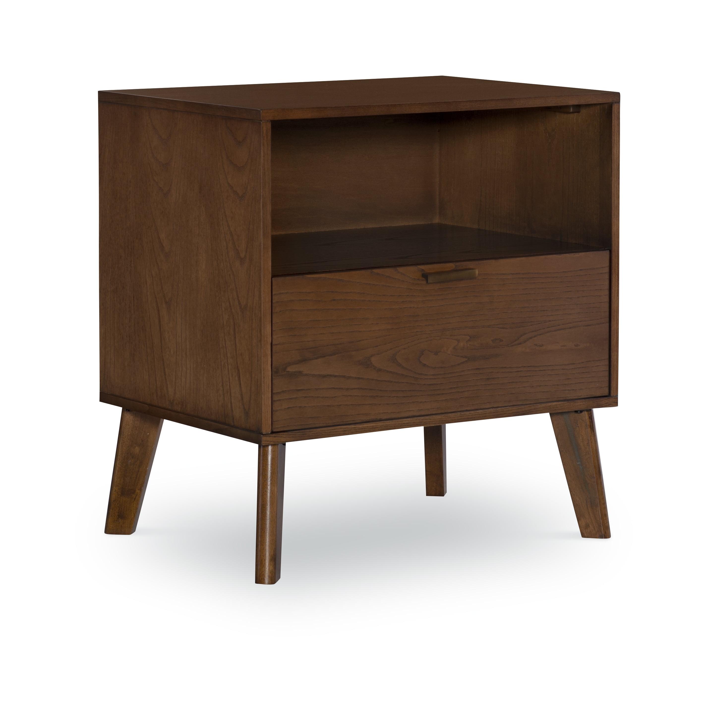 Reid Mid-Century Modern Wood 1 Drawer Nightstand Walnut - Linon: Bedside Table with Shelf & Storage