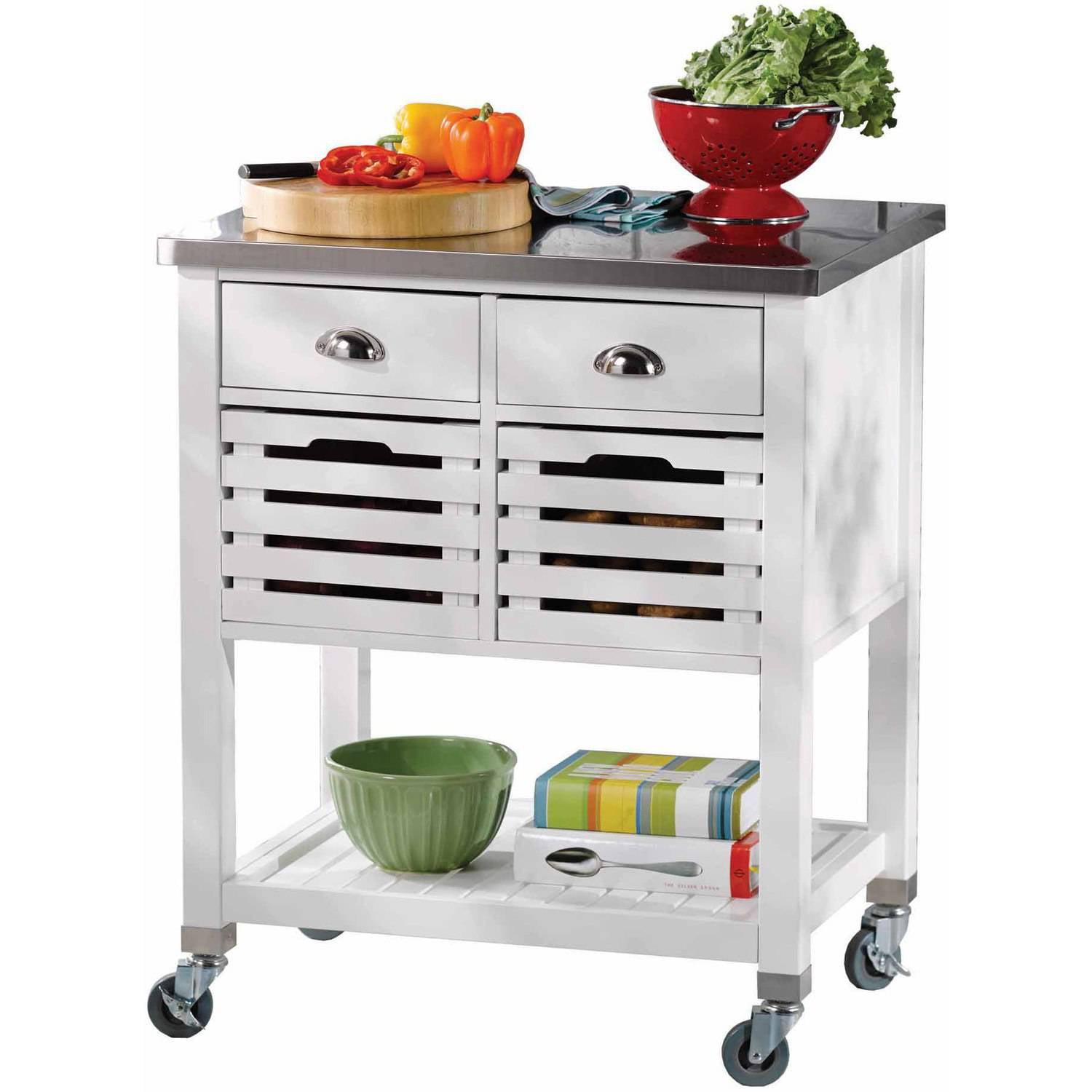 Robbin White Wood Kitchen Cart: Stainless Steel Top, Storage on Wheels - Linon