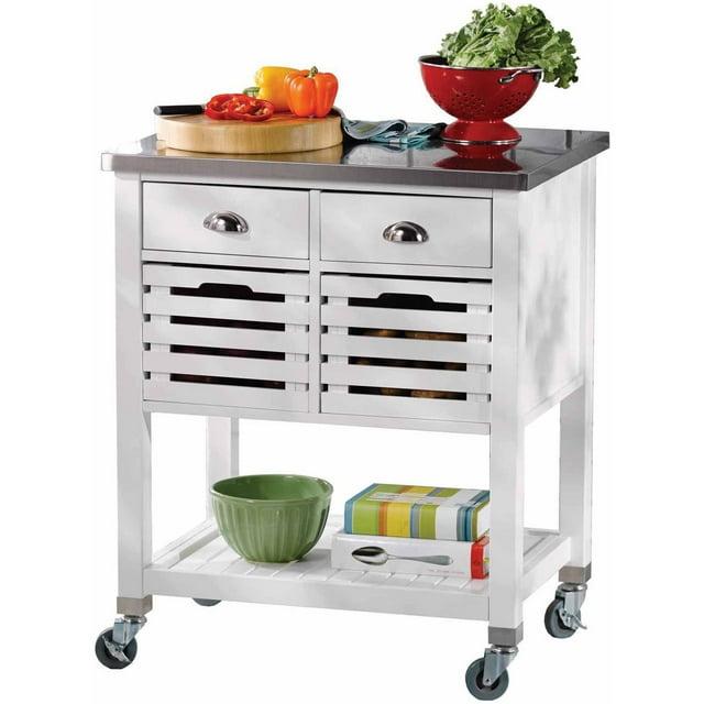 Robbin White Wood Kitchen Cart: Stainless Steel Top, Storage on Wheels - Linon