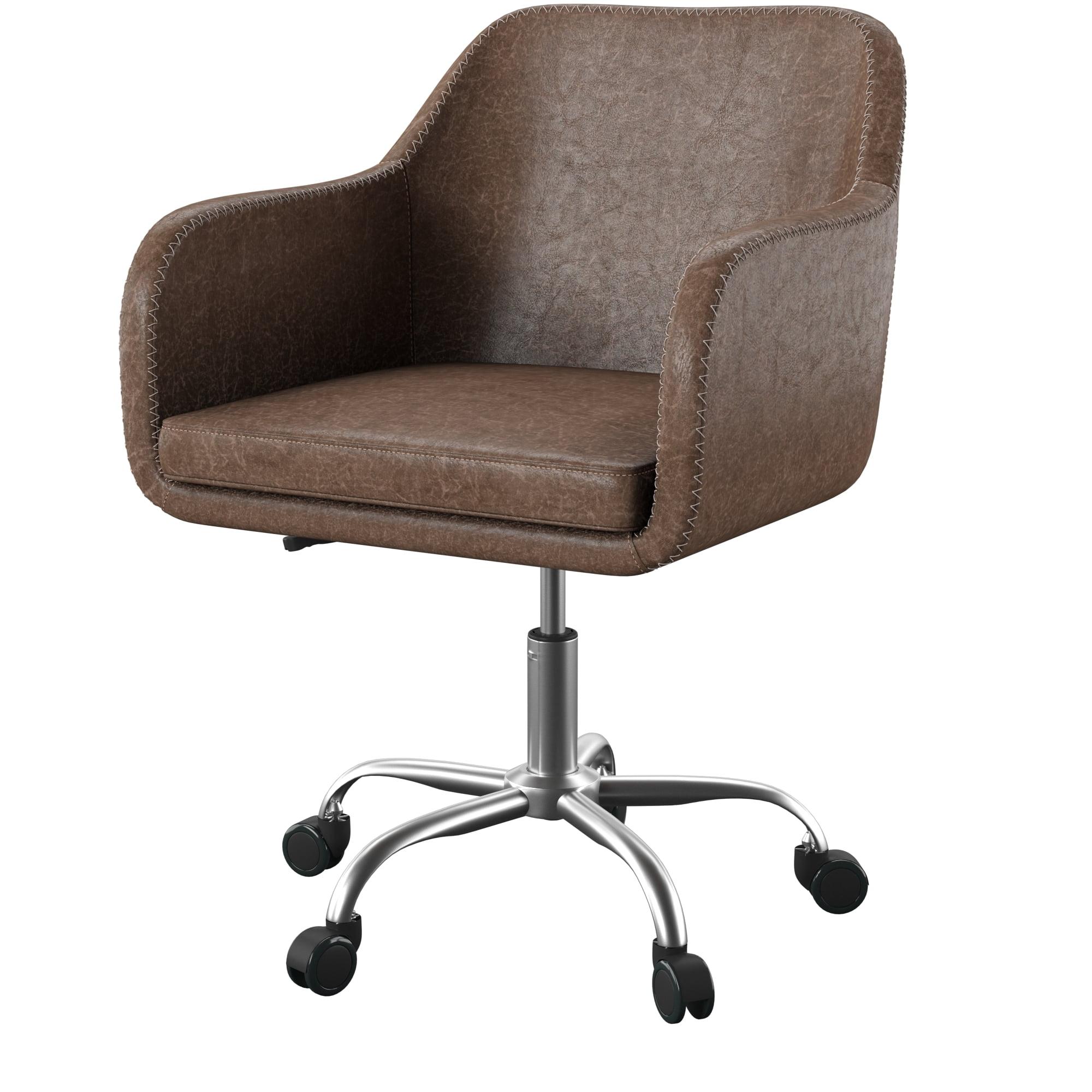 Rustic Brown Leather-Trimmed High-Back Task Chair with Zig-Zag Stitching