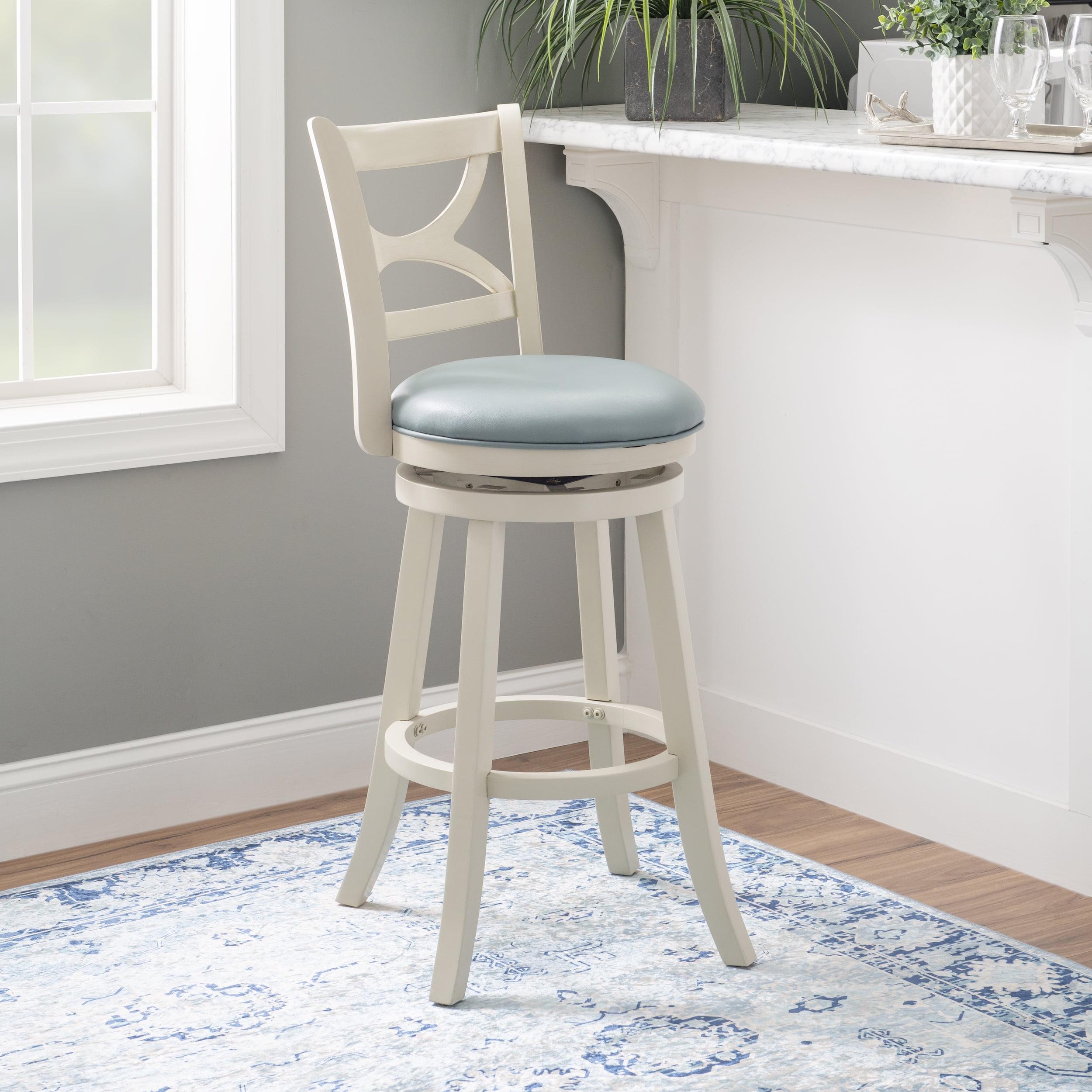 Linon Sawyer 30" High Swivel Bar Stool with Faux Leather Seat in Cream Wood