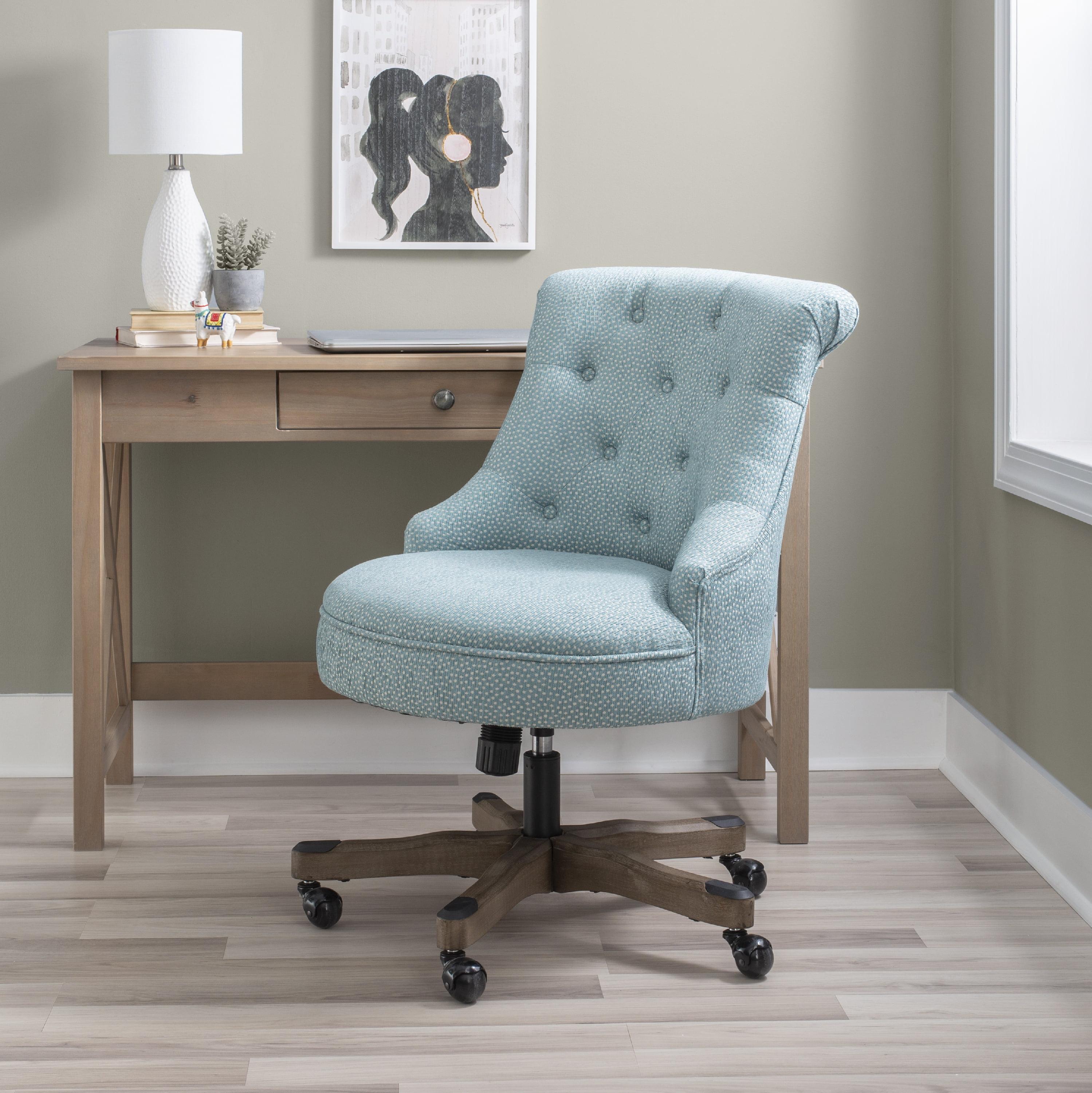 Plush Light Blue Fabric Swivel Office Chair with Gray Wash Wood Base