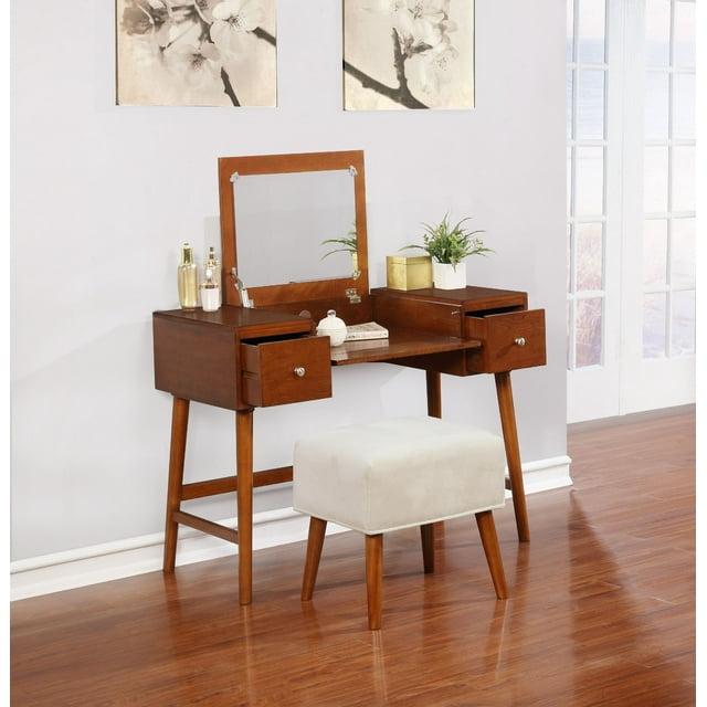 Viola Mid-Century Modern Flip-up Mirror 2 Drawer Vanity and Upholstered Stool Brown - Linon: Rubberwood, MDF, Lift-Top Storage