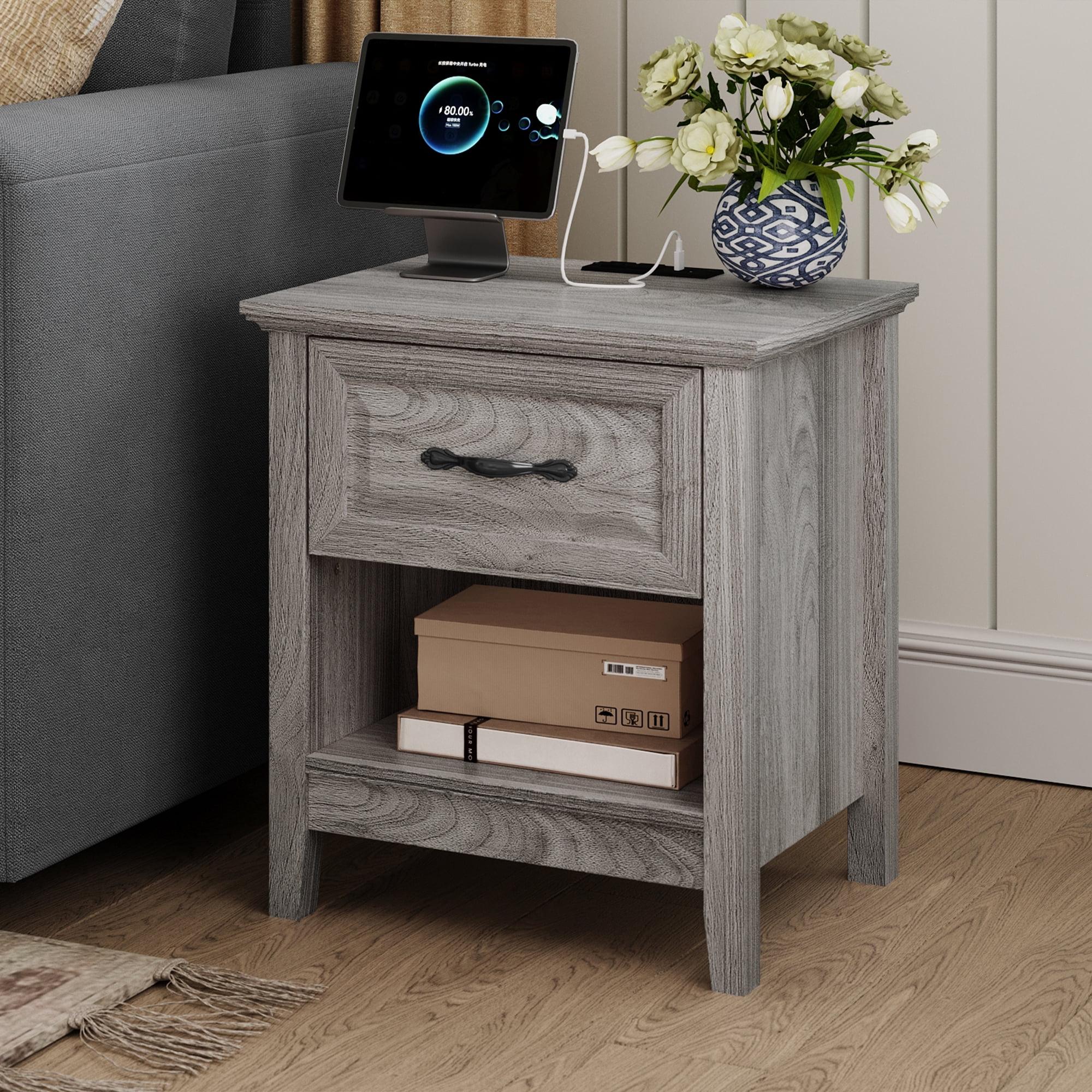 Gray Farmhouse Wood Nightstand with Charging Station and Drawer