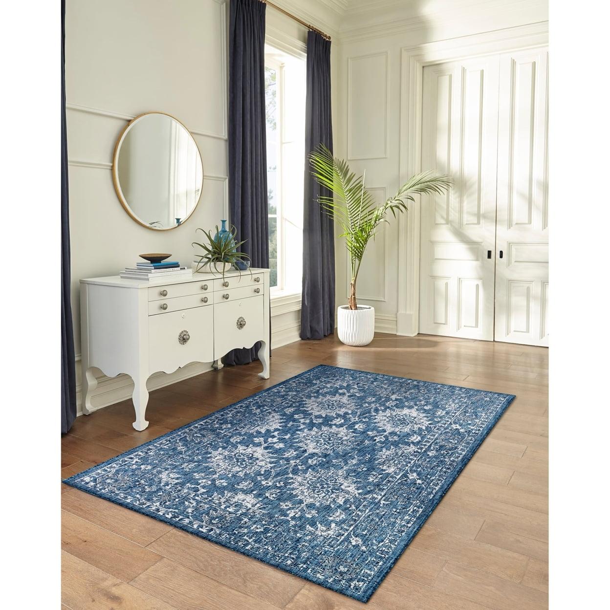 Navy Vintage Floral Square Flatwoven Synthetic Rug 7'10" x 9'10"