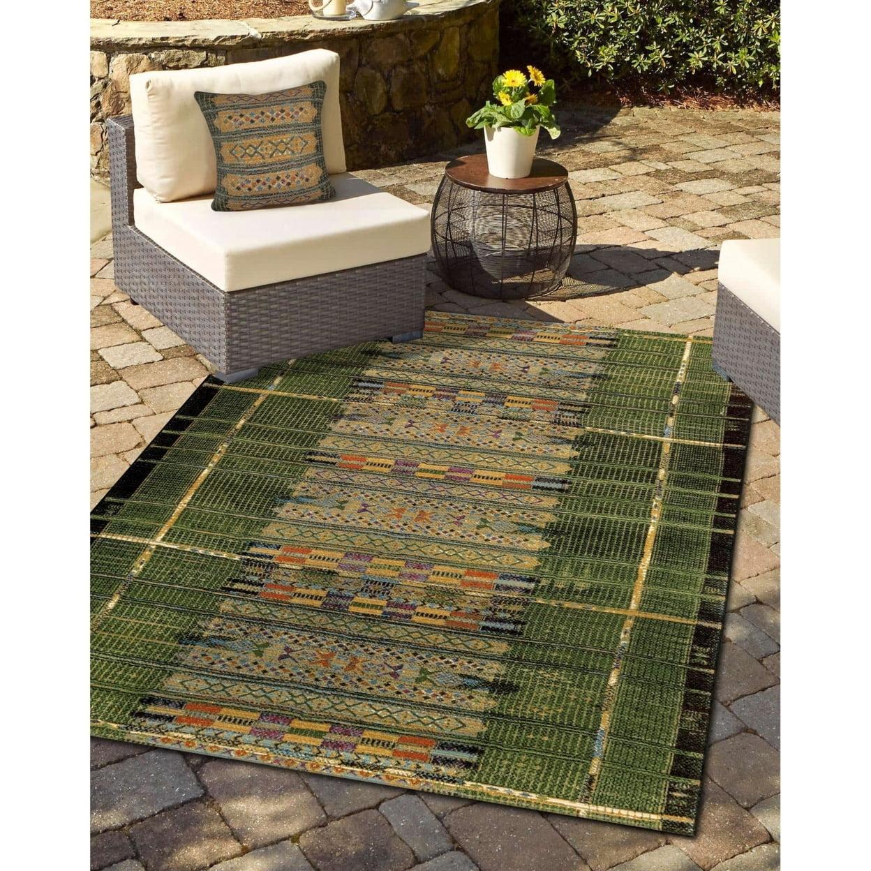 Tribal Stripe Green Flatwoven Synthetic 6' x 9' Indoor/Outdoor Rug