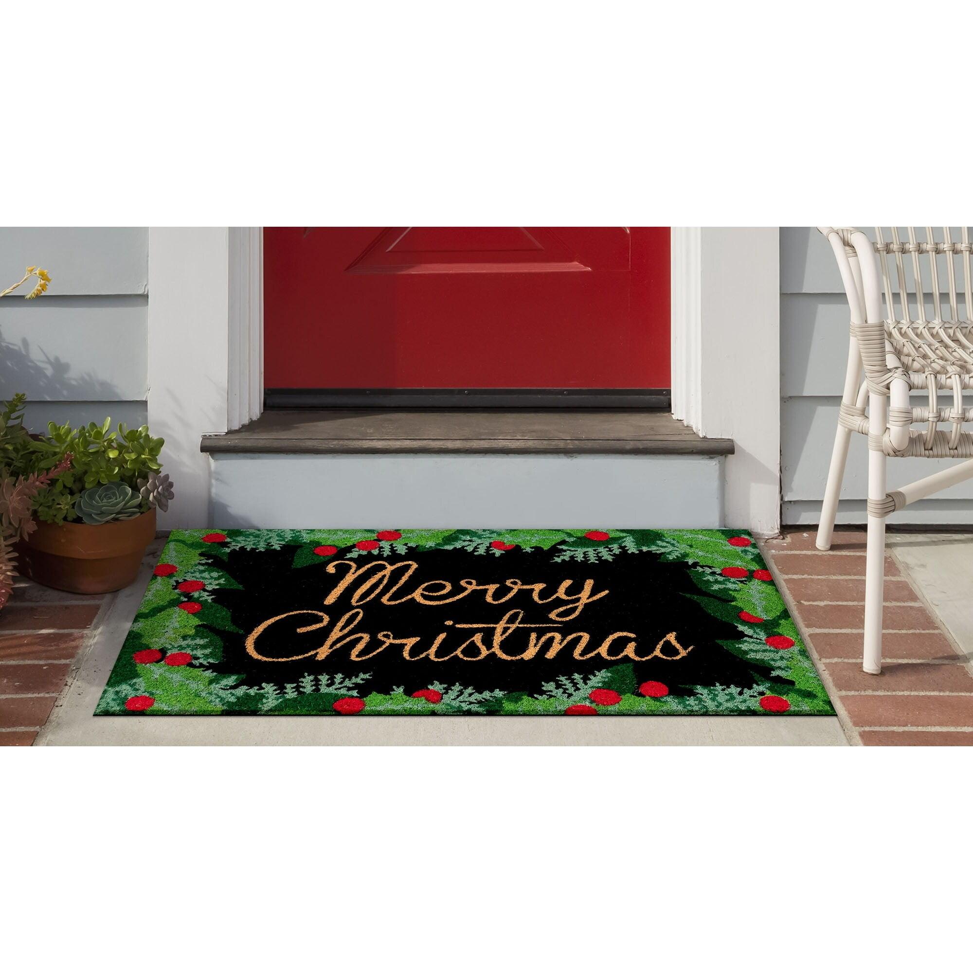 Merry Christmas Holly Black Coir Outdoor Doormat 18"x30"