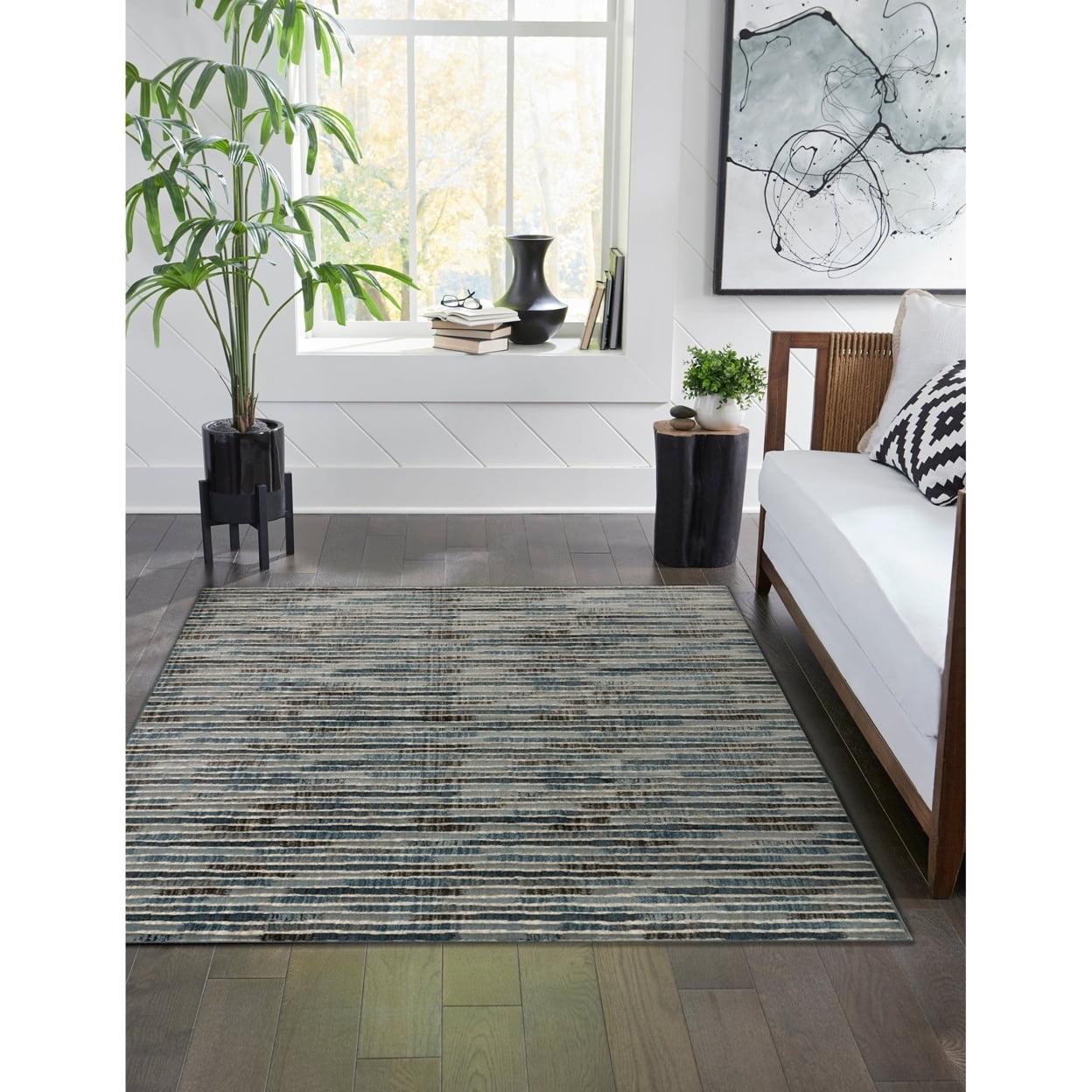 Blue and Gray Striped Wool Blend Rectangular Rug