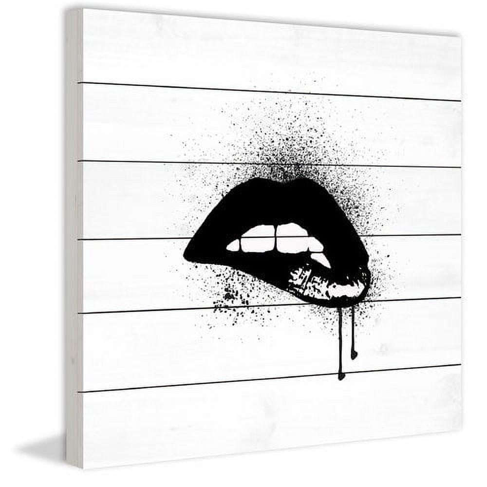 "Lips Black Paint" Painting Print on White Wood