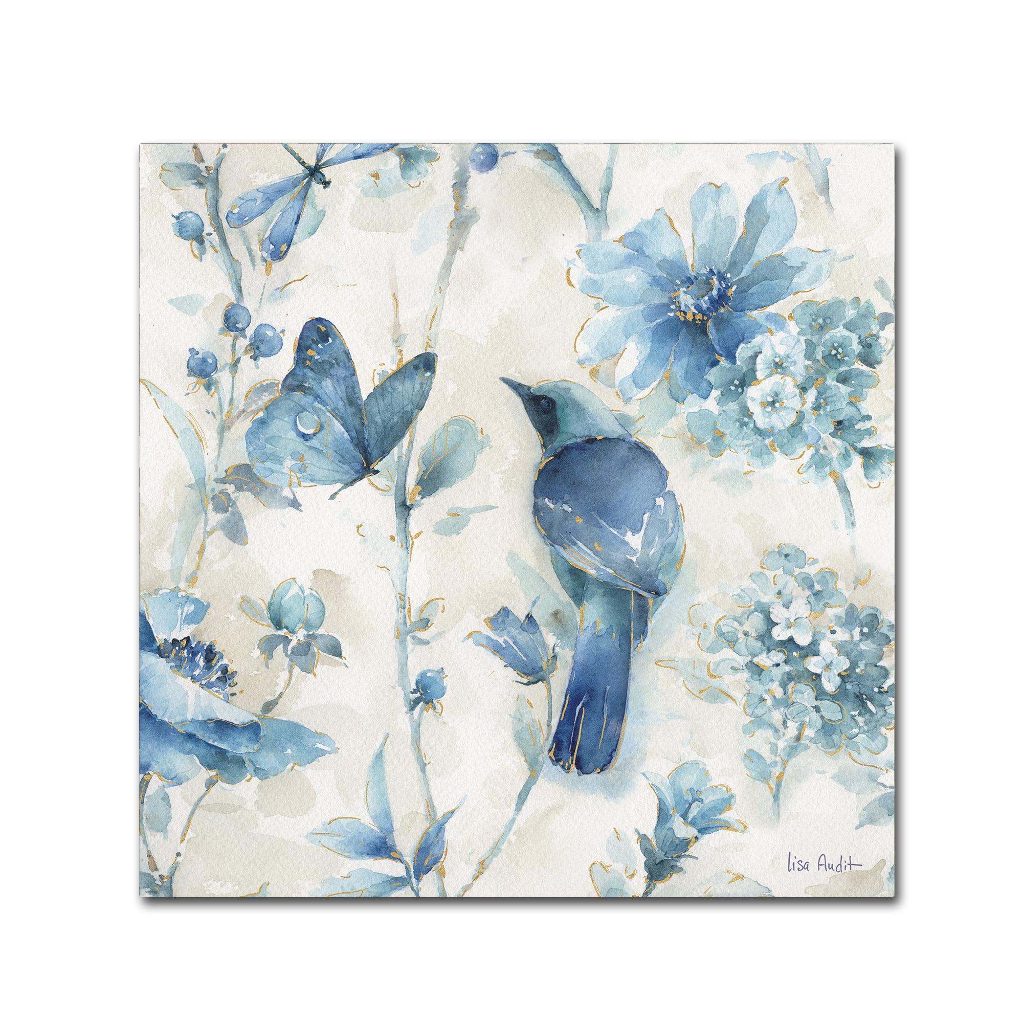 Blue Bird and Butterfly Watercolor Canvas Art, 35" x 35"