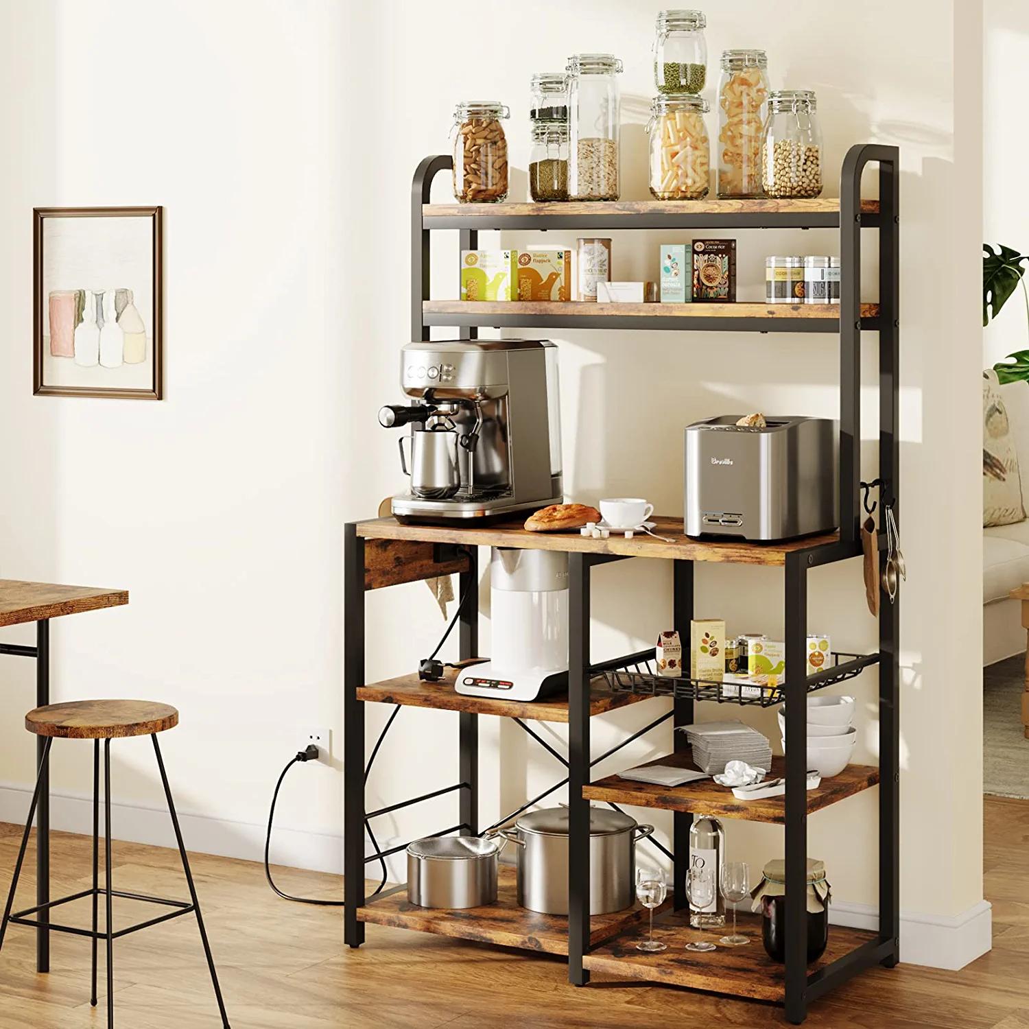 Rustic Brown 6-Tier Kitchen Storage Rack with Power Outlet