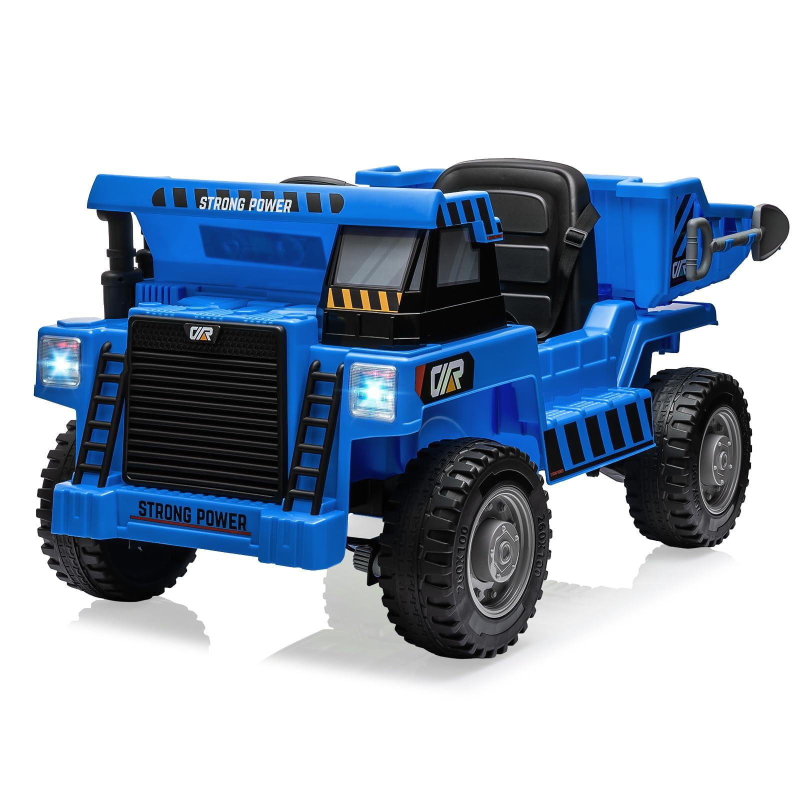 Jojoka Ride on Dump Truck for Kids, 12V Ride on Car with Electric Dump Bed, Remote Control and Extra Shovel, Ride on Construction Vehicle with USB, MP3, Music Player, Battery Indicator (Blue)