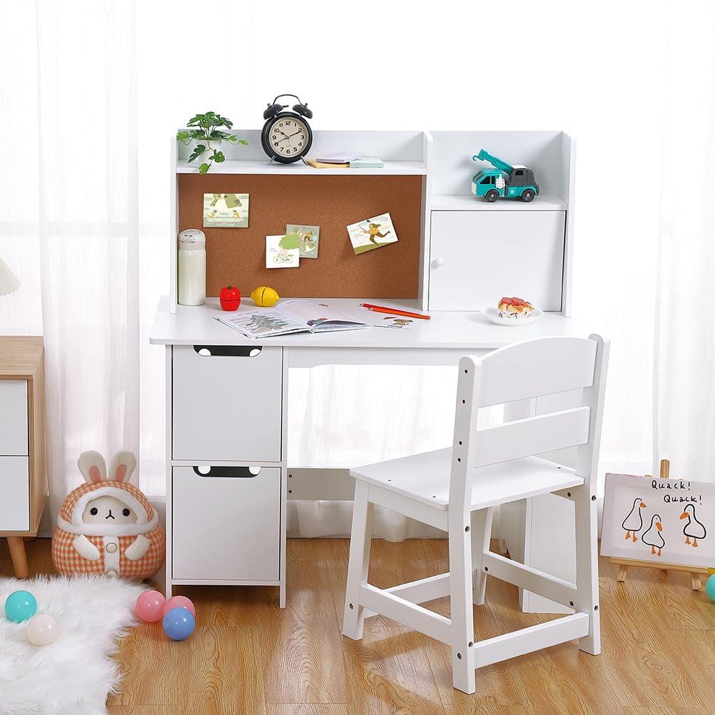 Children's White Study Desk & Chair Set with Bookshelf, Bulletin Board, and Storage Cabinets - Perfect for Ages 3-8