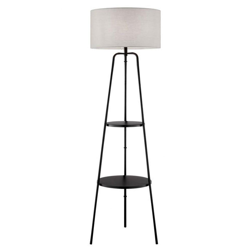 Black Metal Tripod Floor Lamp with Shelves and Gray Shade