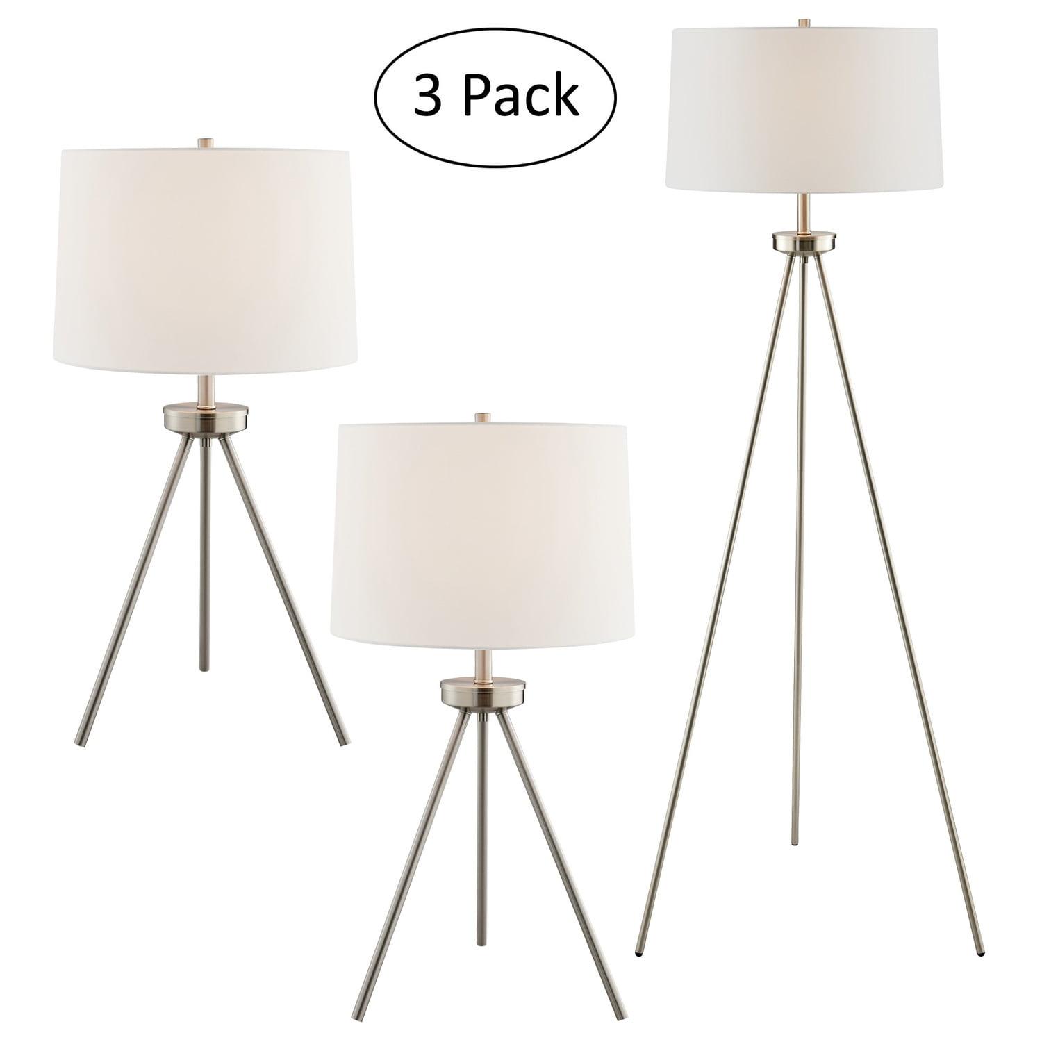 Contemporary Brushed Nickel Tripod Floor & Table Lamp Set