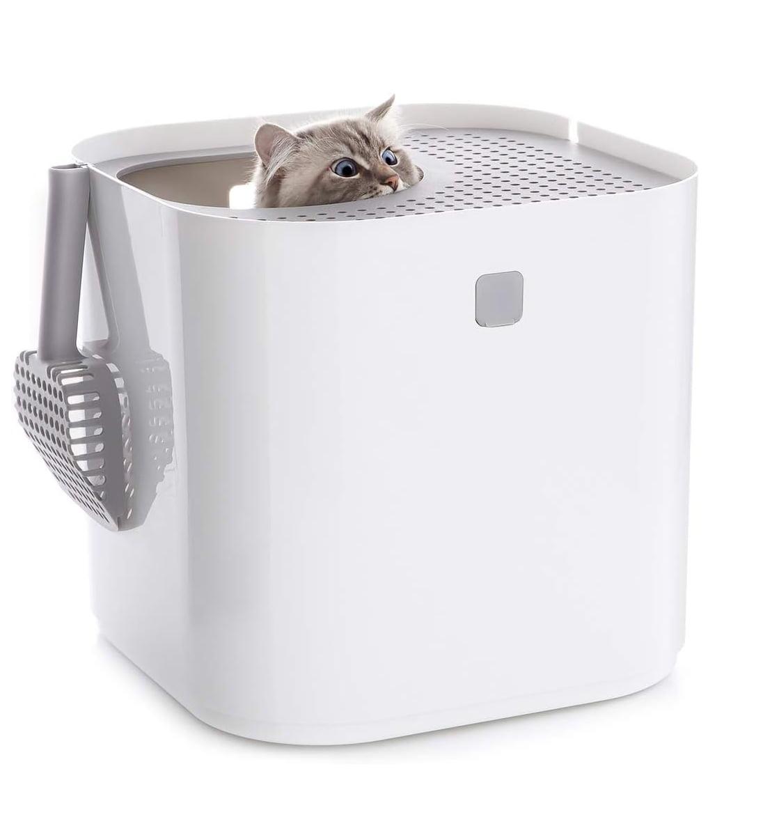 White Top-Entry Cat Litter Box with Scoop and Liner