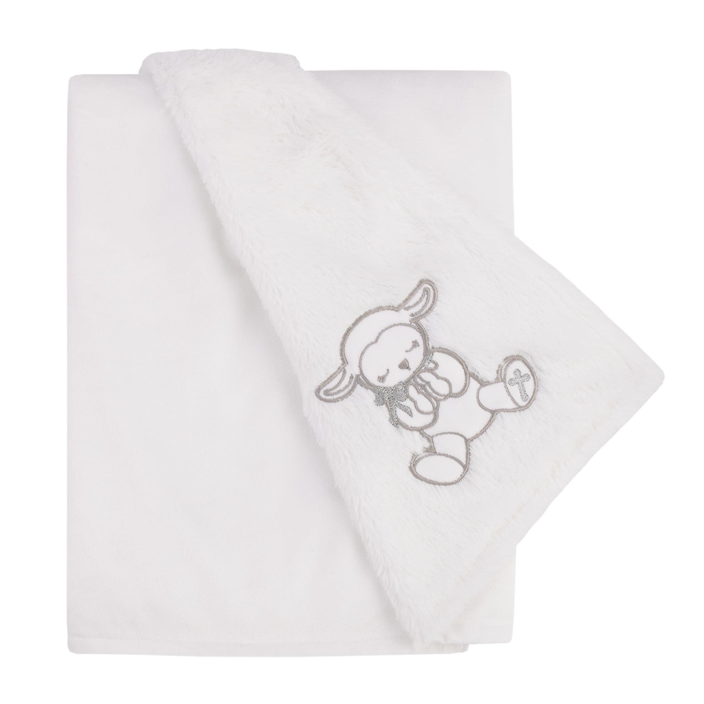 Little Love by NoJo Plush White Lamb Baptism Baby Blanket with Praying Hands and Embroidered Cross for Baptism or Christening Gifts