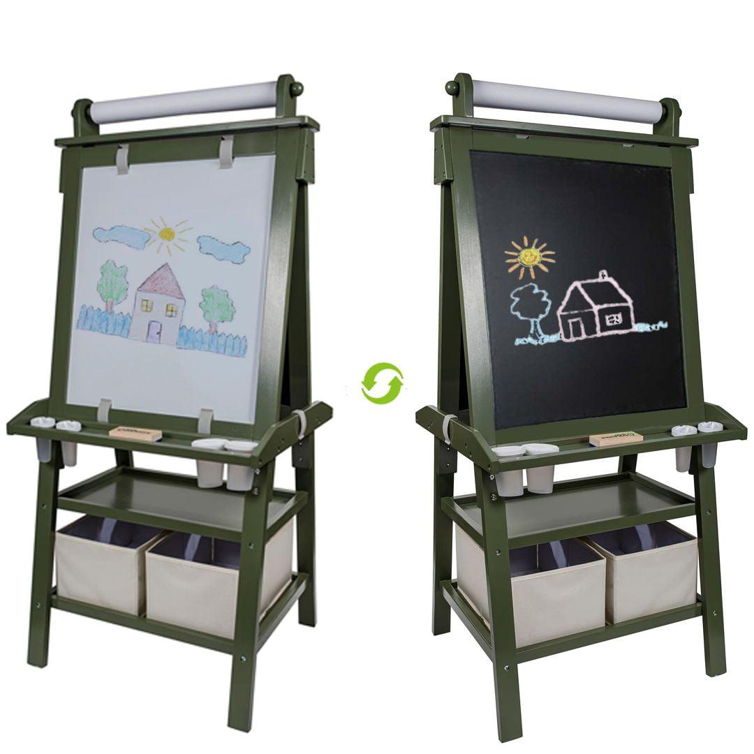 Olive Green Dual-Sided Magnetic Art Easel with Storage Bins