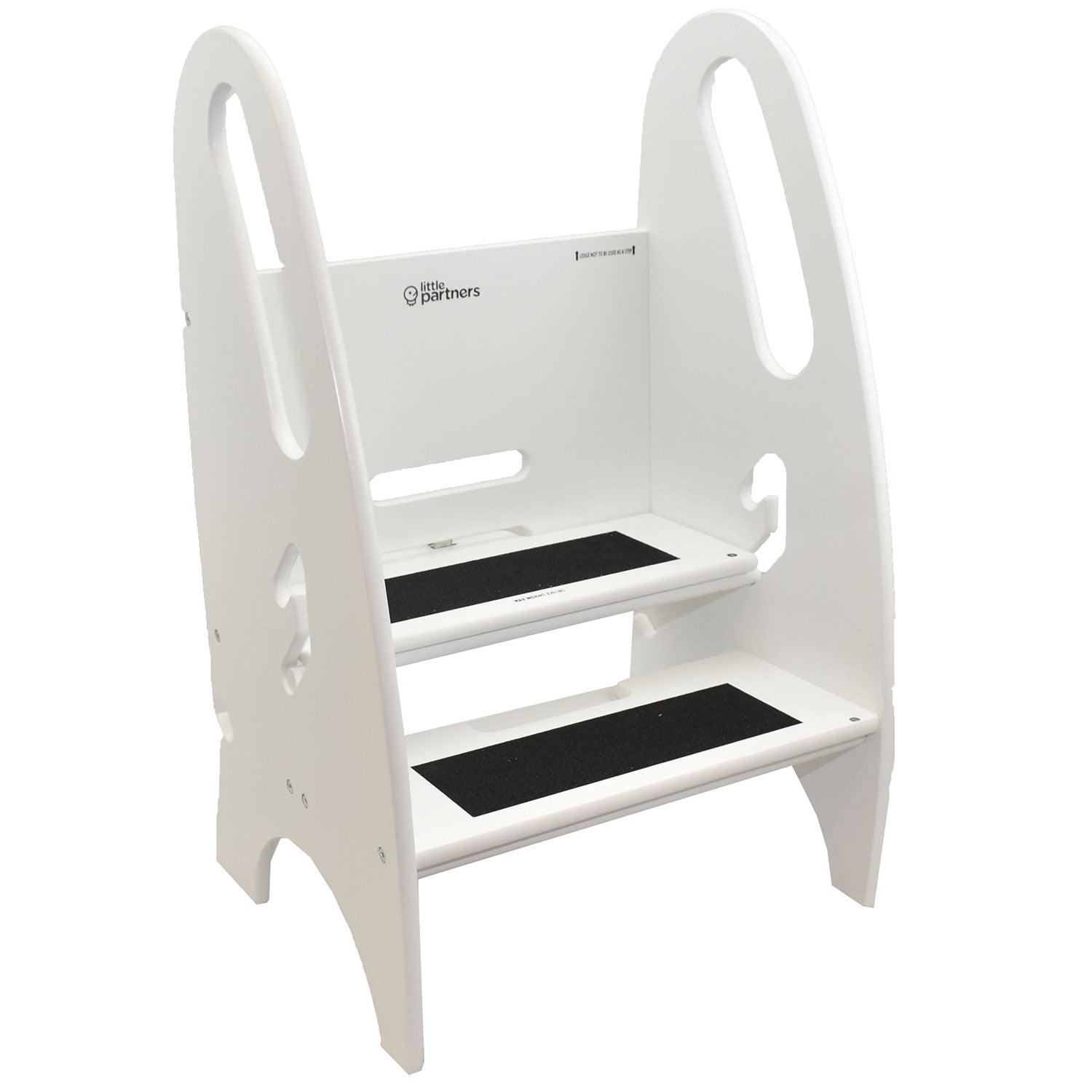 Adjustable Soft White Birchwood Toddler Step Stool with Safety Railings