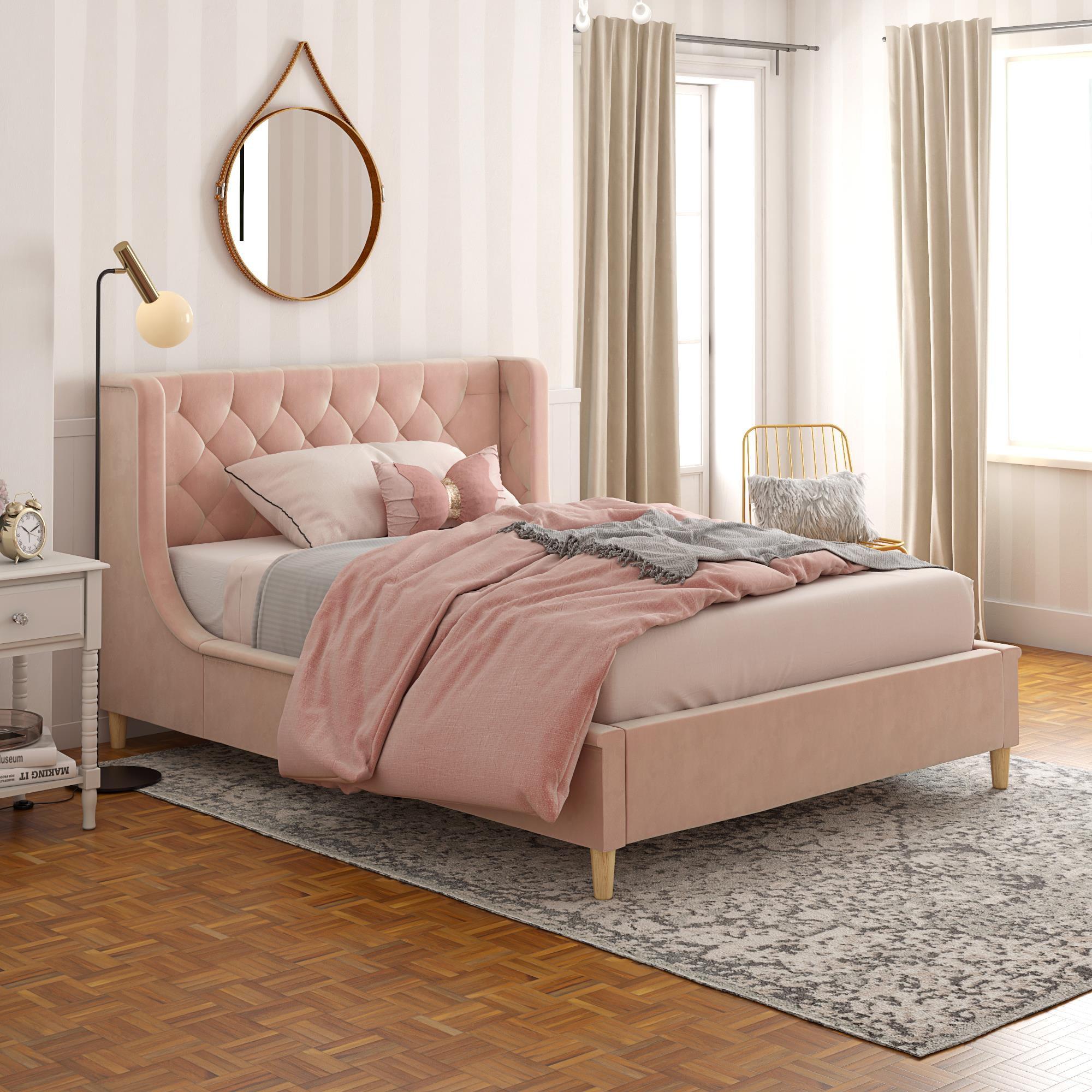 Ambrosia Pink Velvet Full Platform Bed with Tufted Headboard