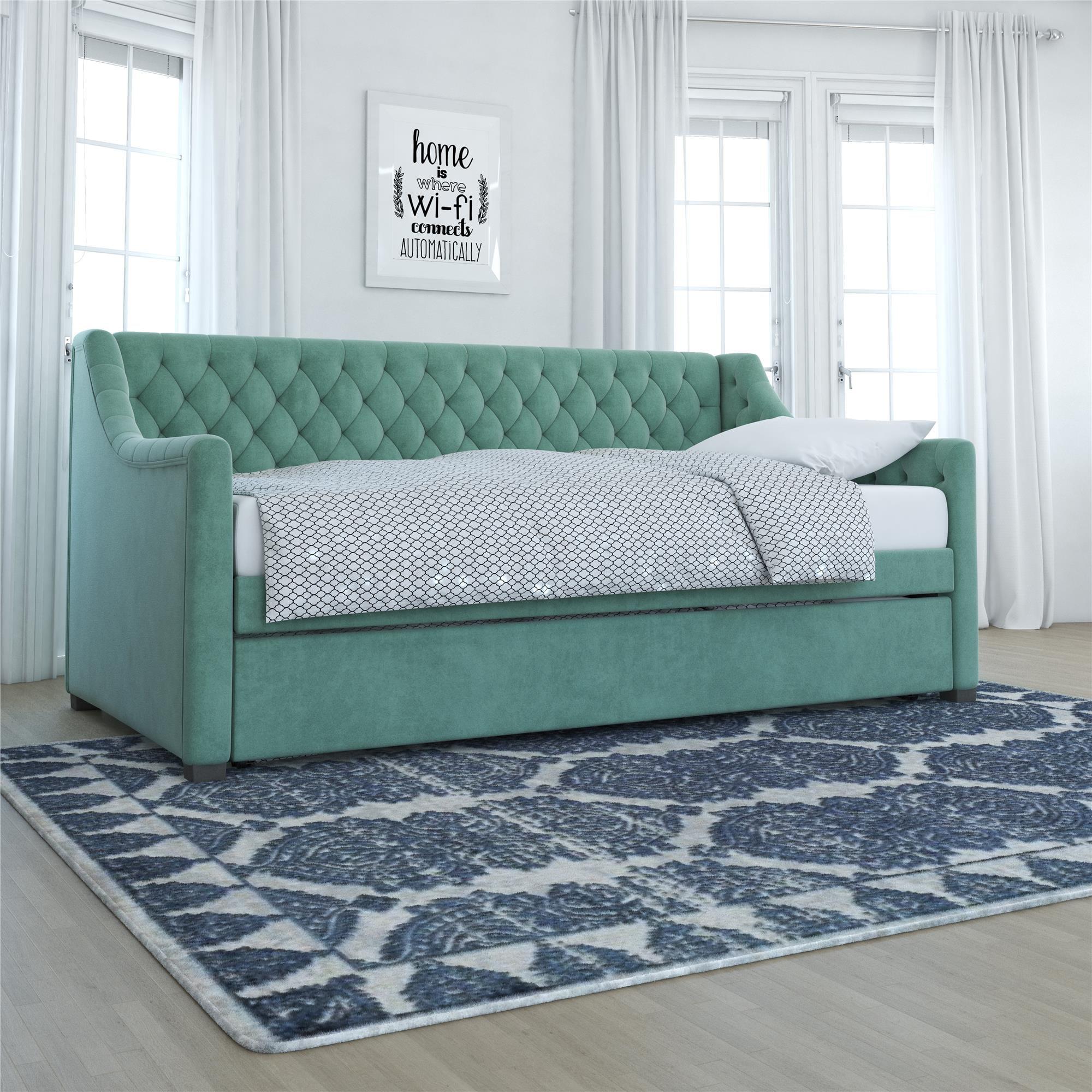 Teal Velvet Twin Daybed with Tufted Upholstery and Trundle