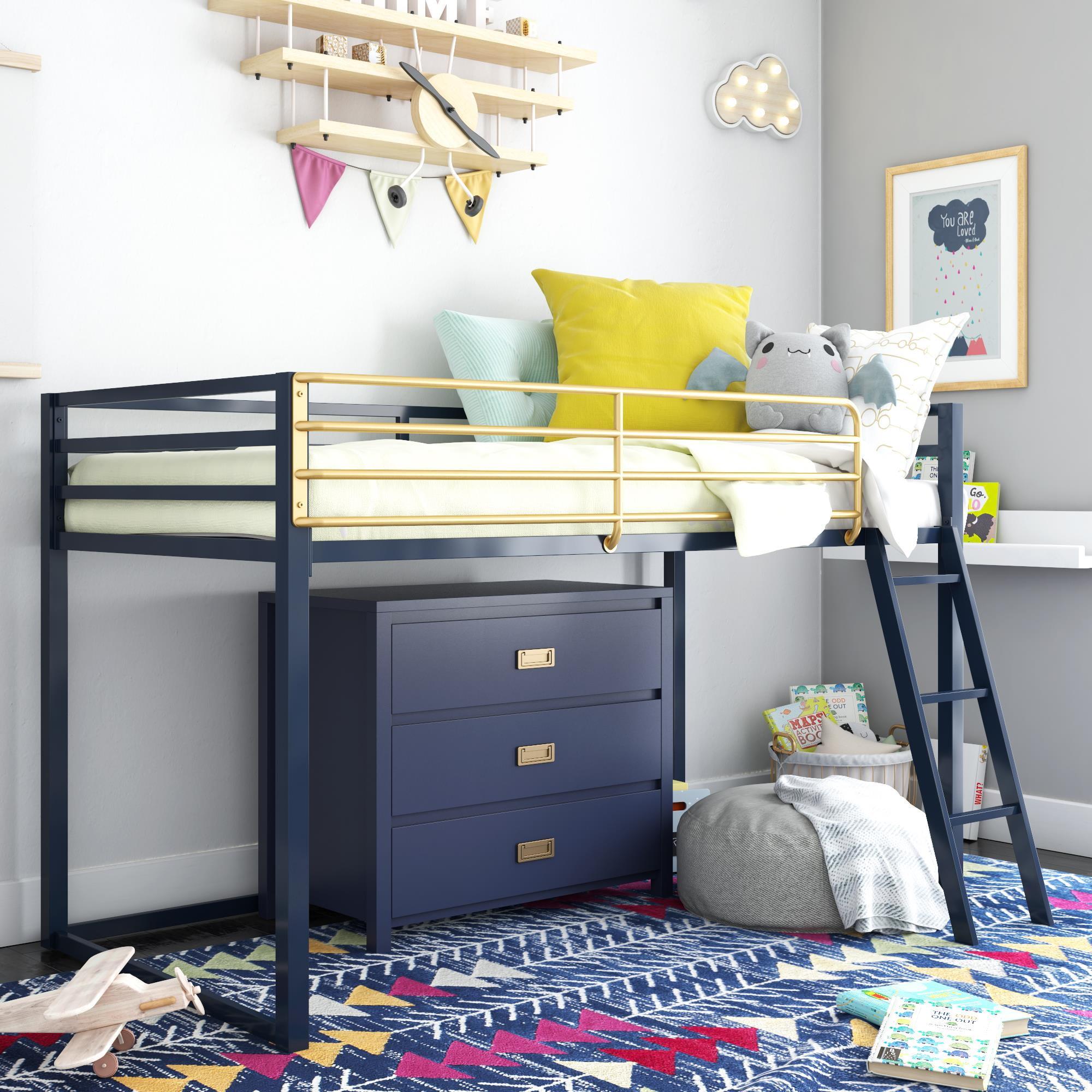 Navy Twin Metal Loft Bed with Gold Rail and Ladder