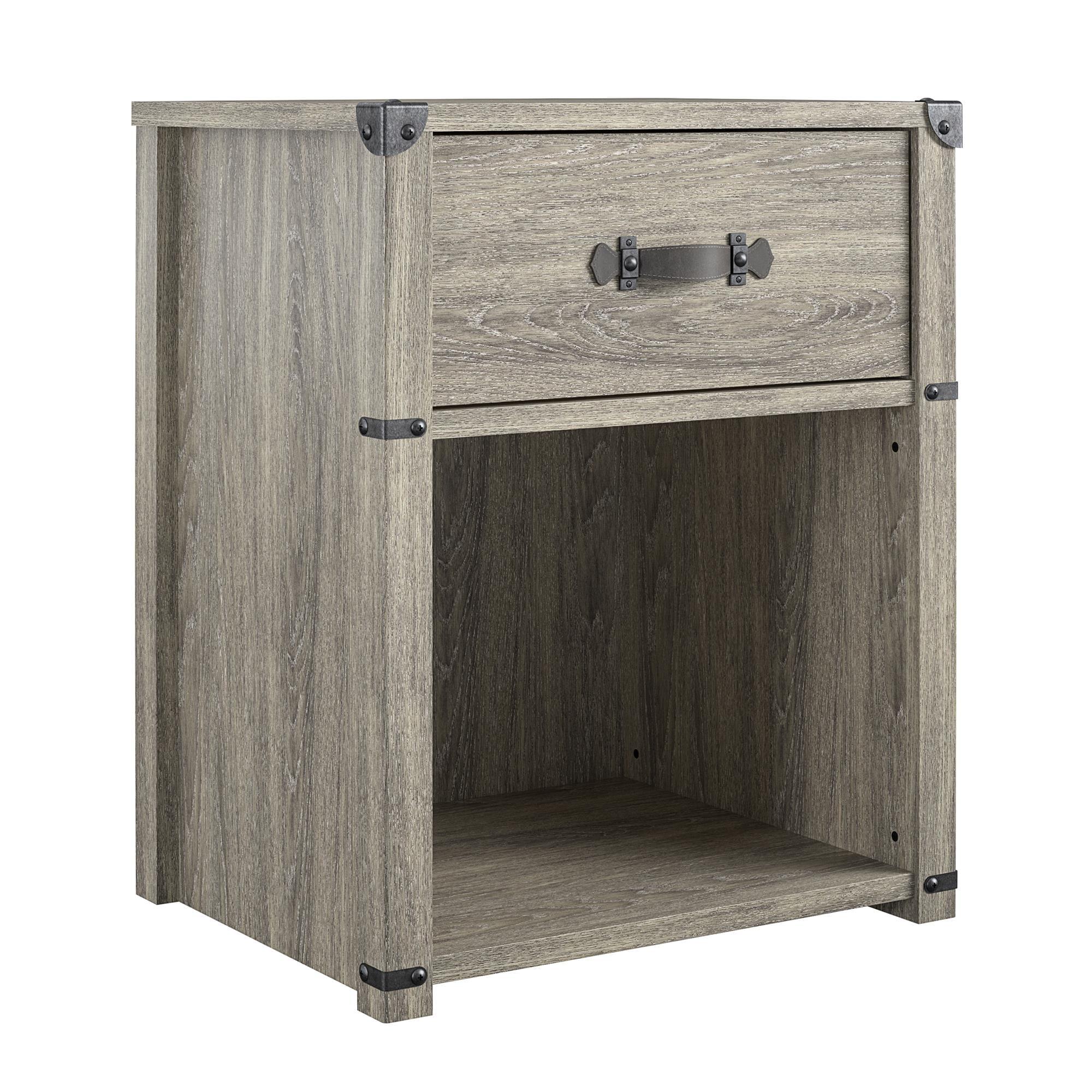 Gray Oak 1-Drawer Industrial Nightstand with Metal Accents