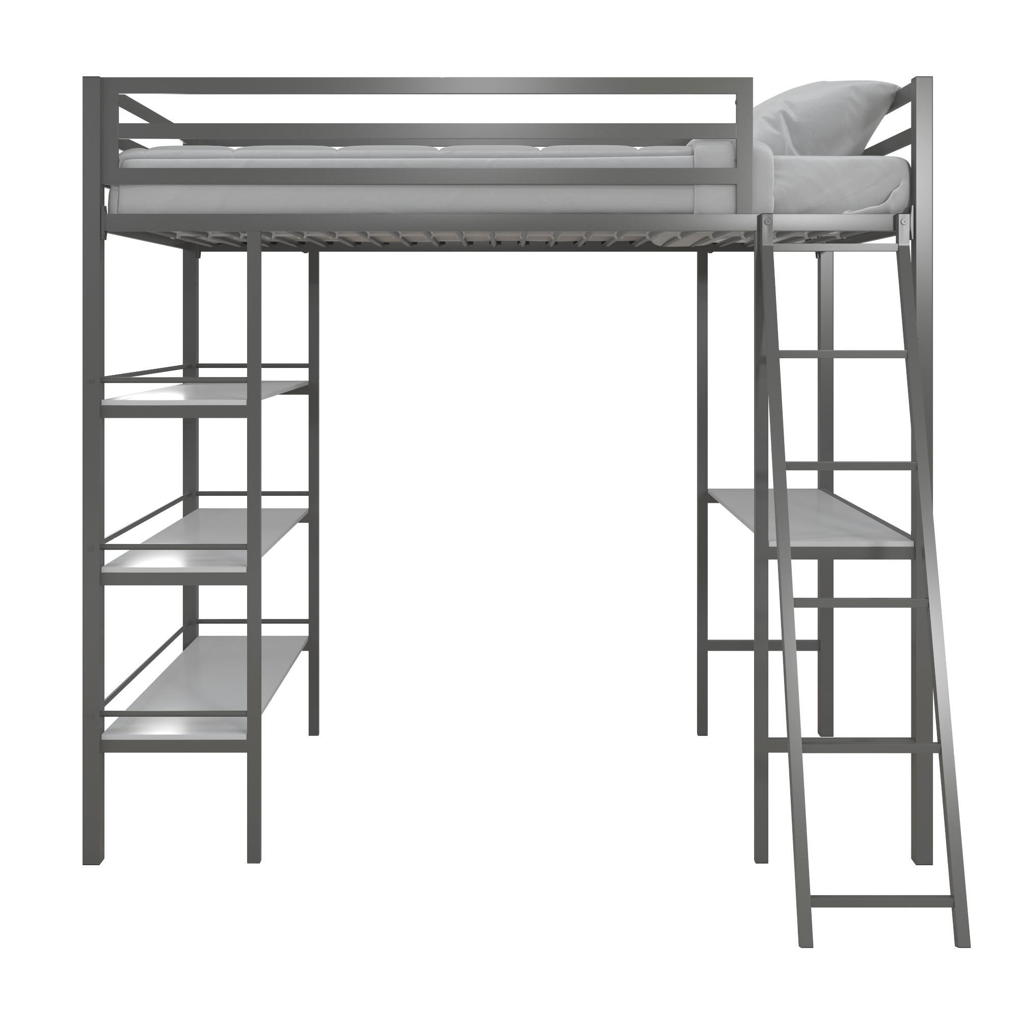 Gray Twin Metal Loft Bed with Desk and Shelves