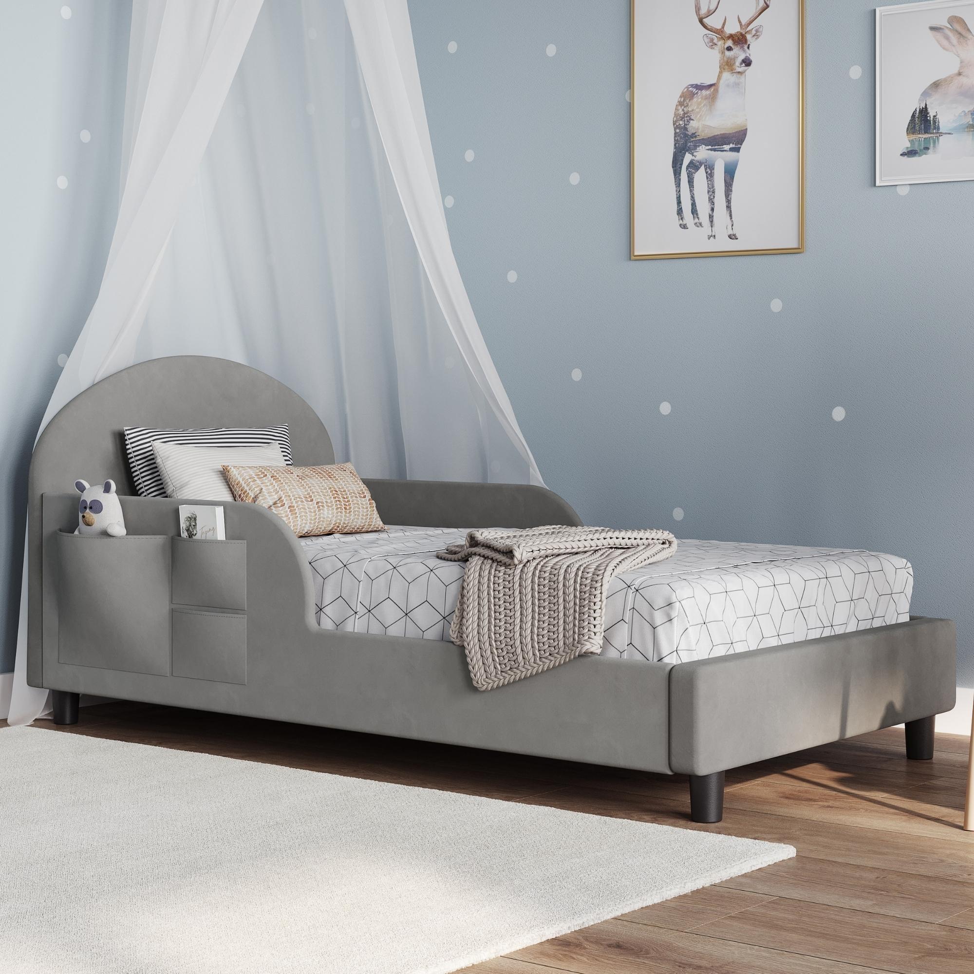 Gray Velvet Upholstered Toddler Bed with Storage Pockets