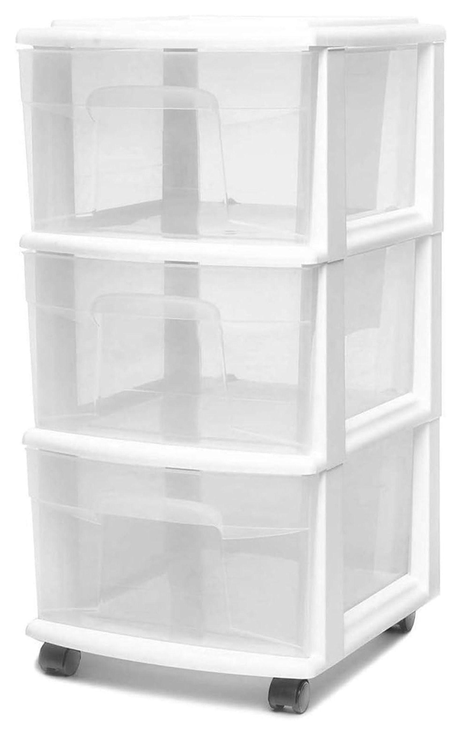 Open Box Plastic 3 Drawer M Storage Container Tower, Clear Drawers/White Frame