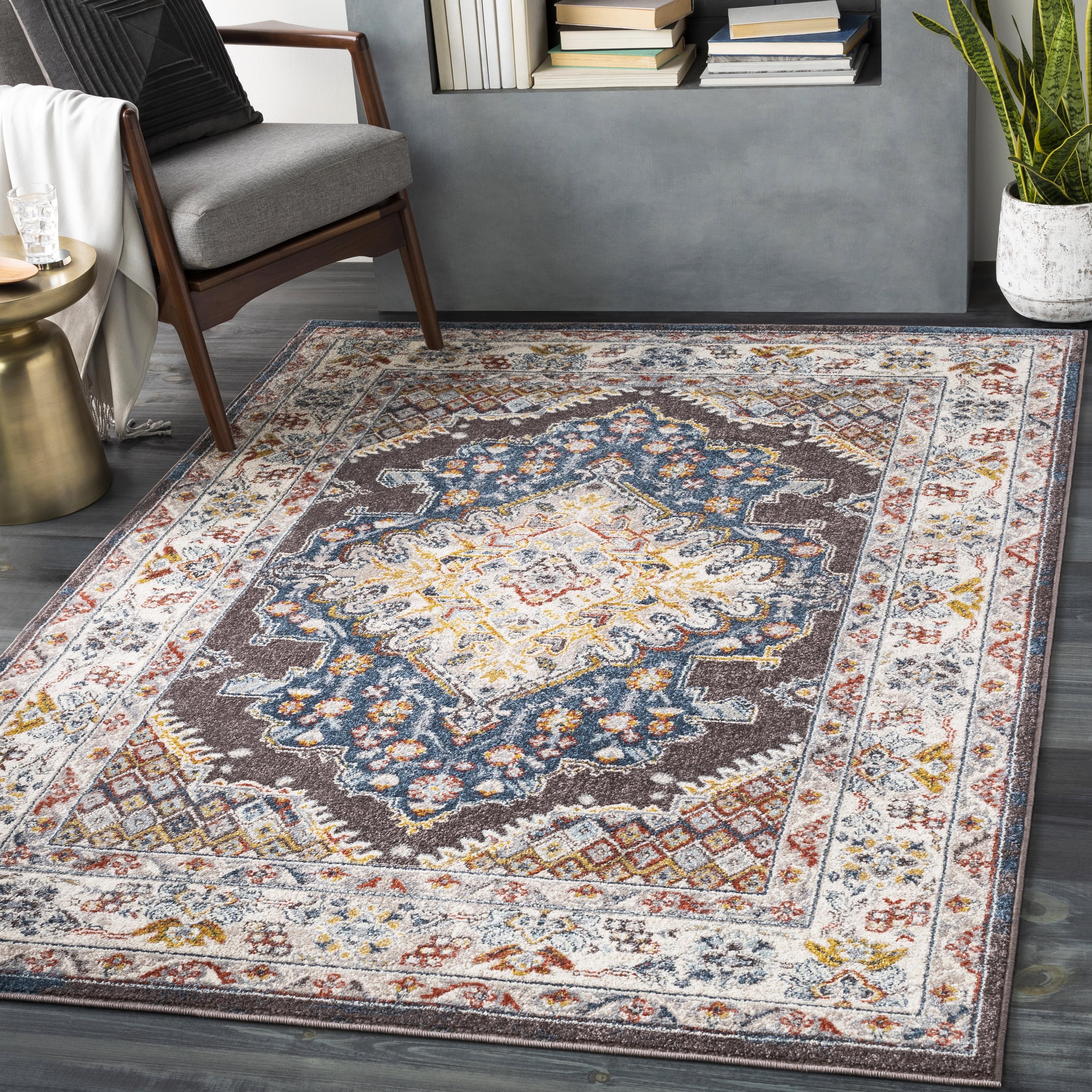 Elegant Blue Medallion 84" x 62" Synthetic Area Rug