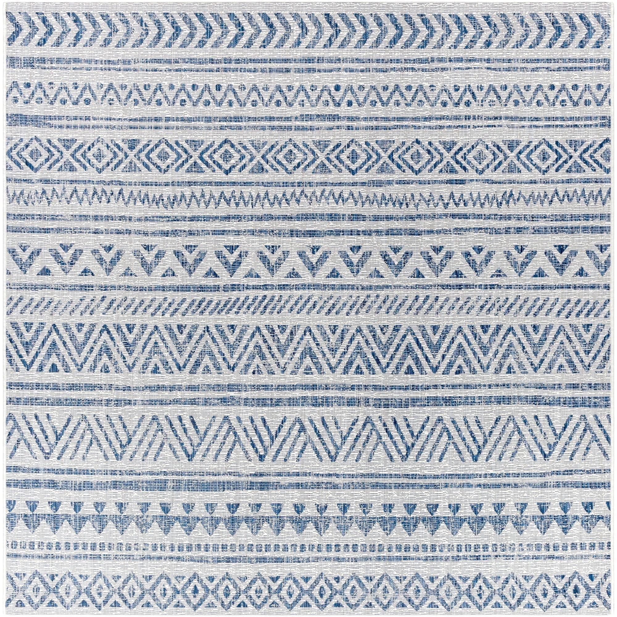 Coastal Charm Blue and White 79" Square Outdoor Area Rug